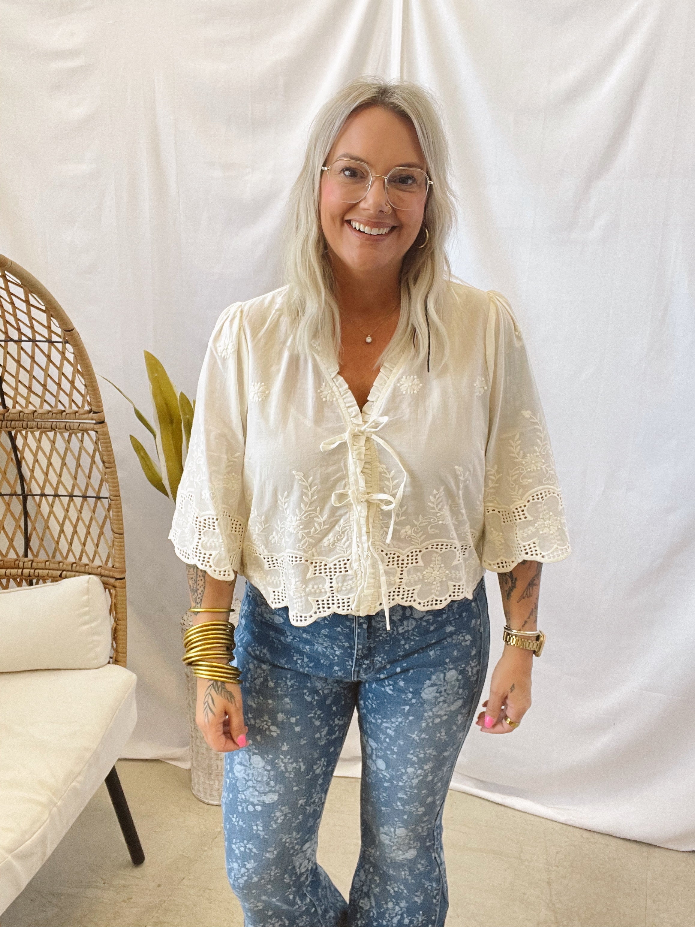 Ivory Embroidered Tie Front Top-Cardigans-anniewear-The Silo Boutique, Women's Fashion Boutique Located in Warren and Grand Forks North Dakota