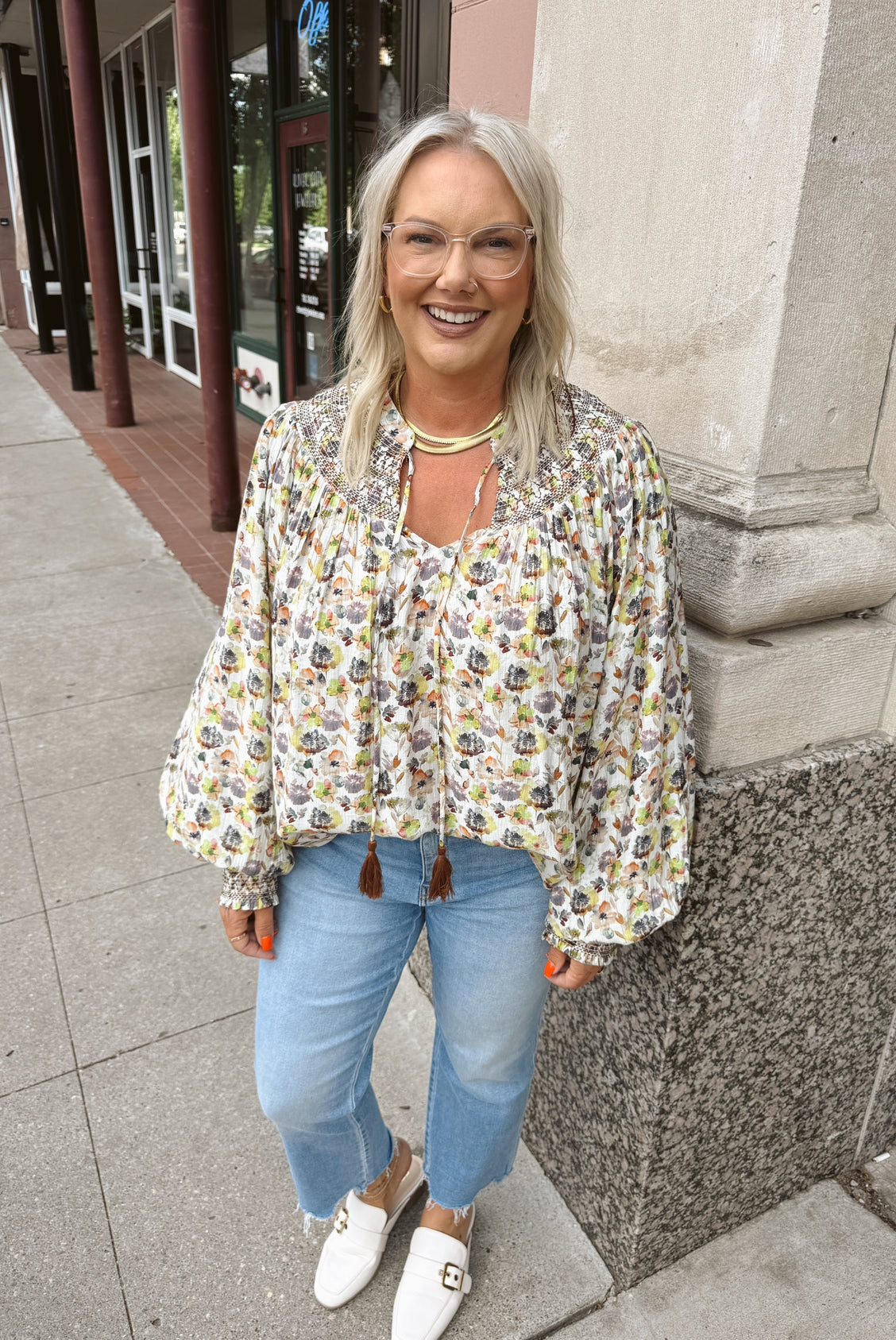 Mustard Floral V Neck Tie Top-Long Sleeve Tops-entro-The Silo Boutique, Women's Fashion Boutique Located in Warren and Grand Forks North Dakota