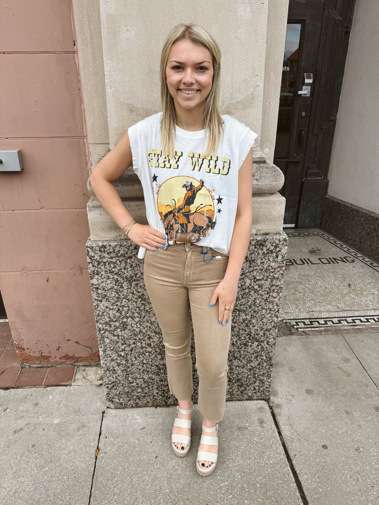 Stay Wild Cowboy Sleeveless Graphic Print Tee-Tank Tops-promesa-The Silo Boutique, Women's Fashion Boutique Located in Warren and Grand Forks North Dakota