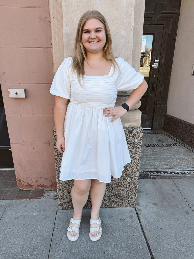 White Bubble Sleeve Dress-Dresses-she and sky-The Silo Boutique, Women's Fashion Boutique Located in Warren and Grand Forks North Dakota