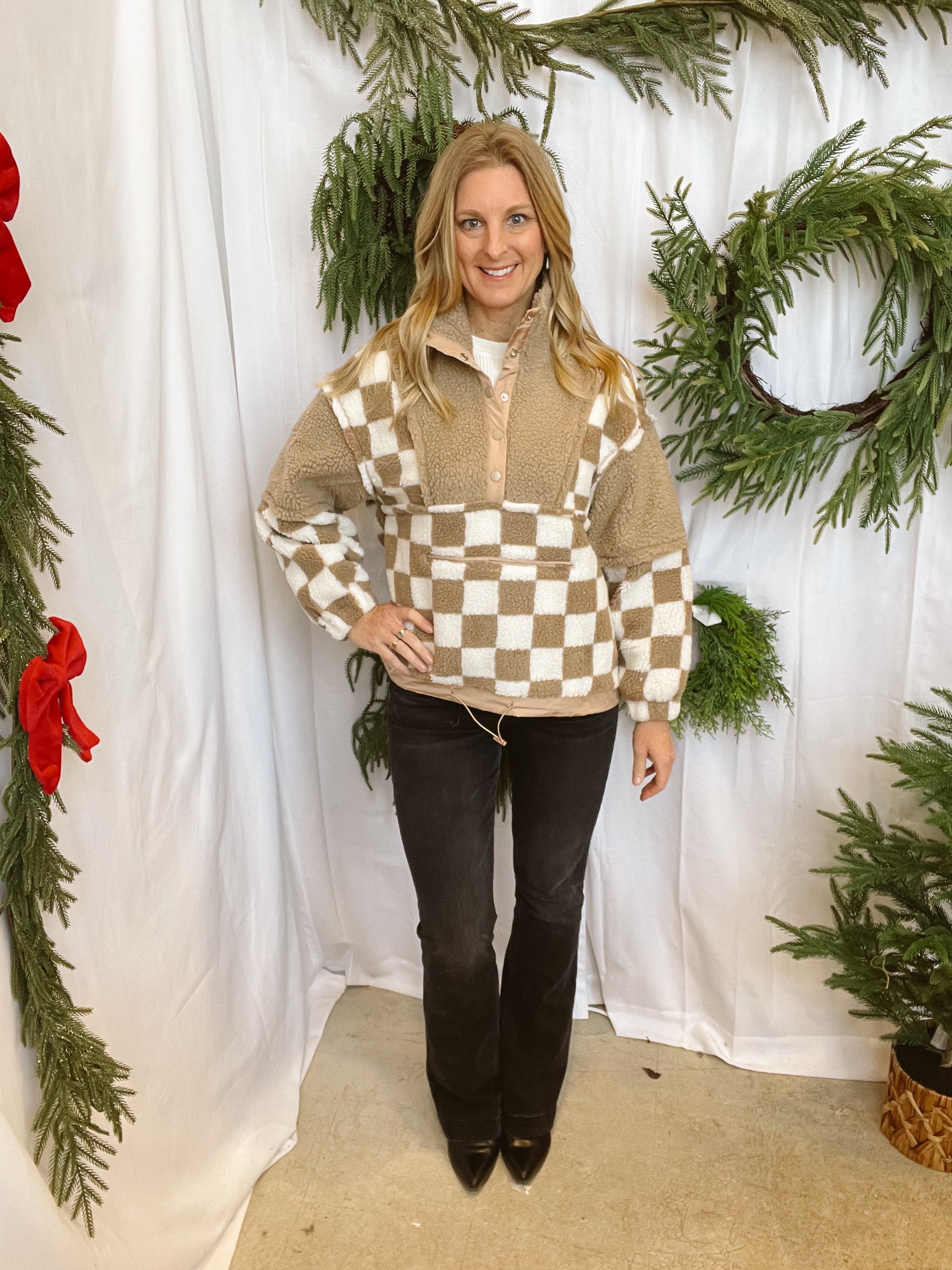 Checkered Sherpa Pullover Sweatshirt-Vests-so me-The Silo Boutique, Women's Fashion Boutique Located in Warren and Grand Forks North Dakota
