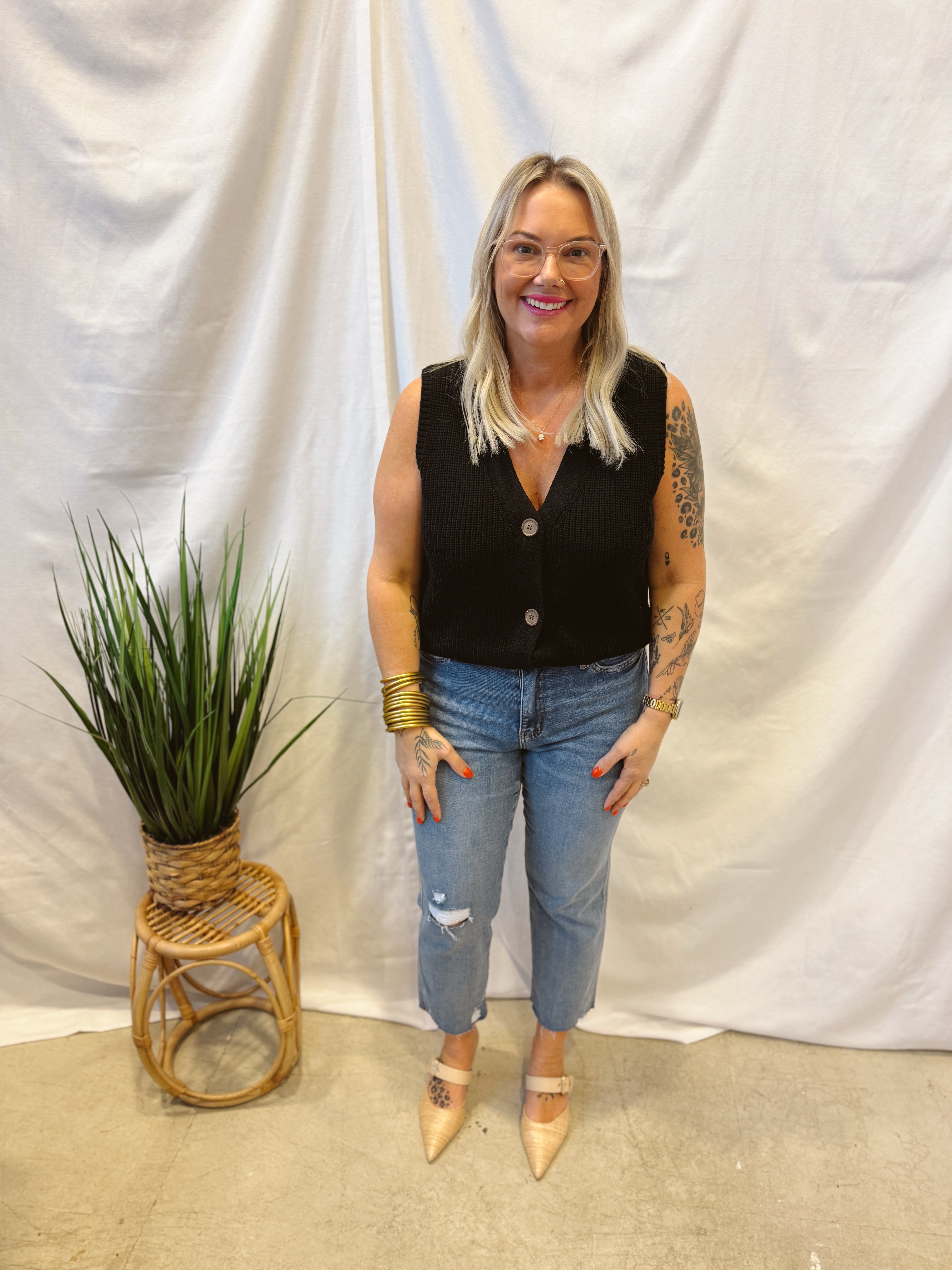 Black V Neck Button Down Sweater Vest-Tank Tops-Doe and Rae-The Silo Boutique, Women's Fashion Boutique Located in Warren and Grand Forks North Dakota