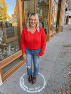 Red Classic V Cable Knit Sweater-Sweaters-listicle-The Silo Boutique, Women's Fashion Boutique Located in Warren and Grand Forks North Dakota