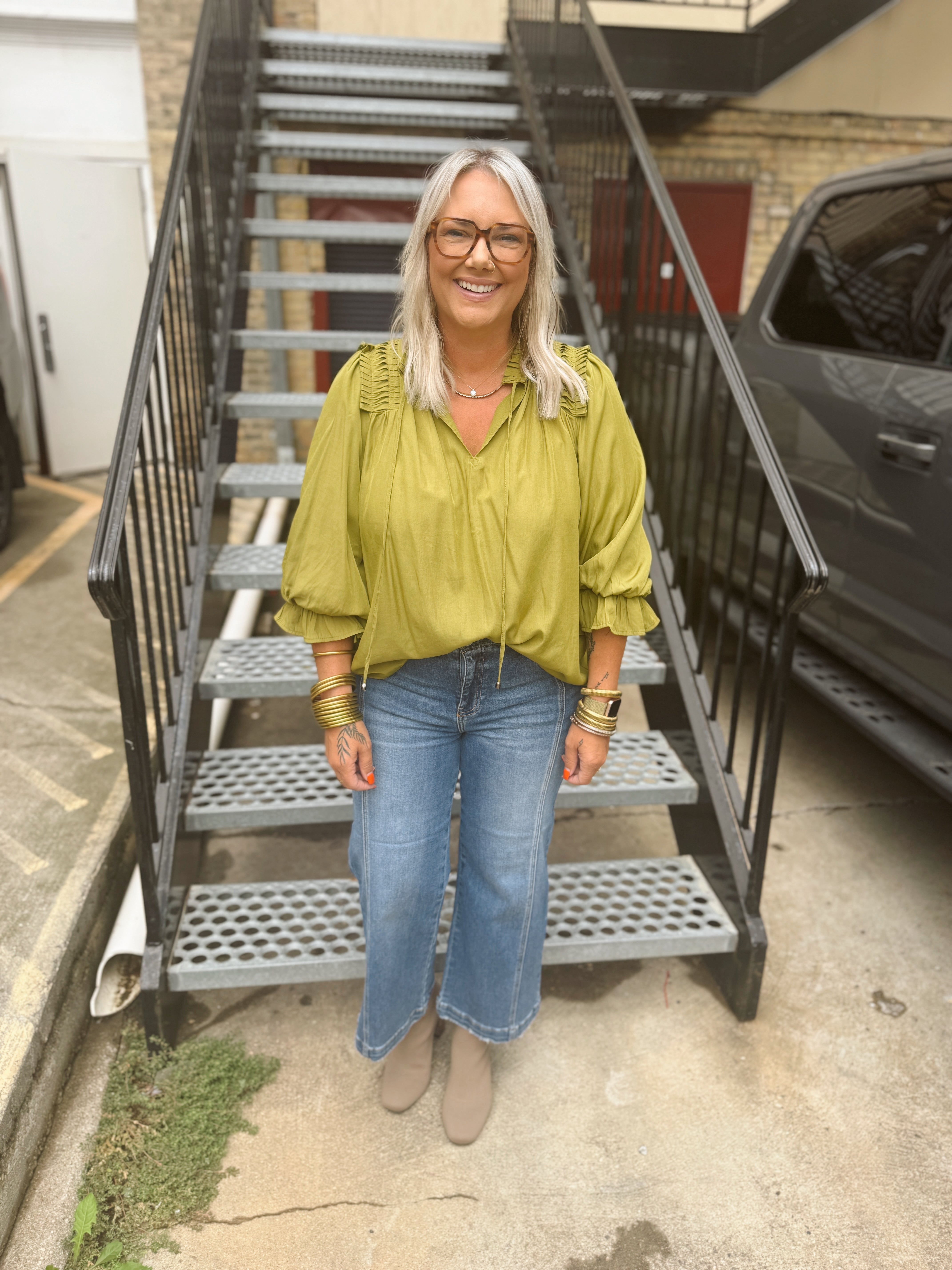 Dijon Top With Ruffle Detail-Short Sleeve Tops-ENTRO-The Silo Boutique, Women's Fashion Boutique Located in Warren and Grand Forks North Dakota