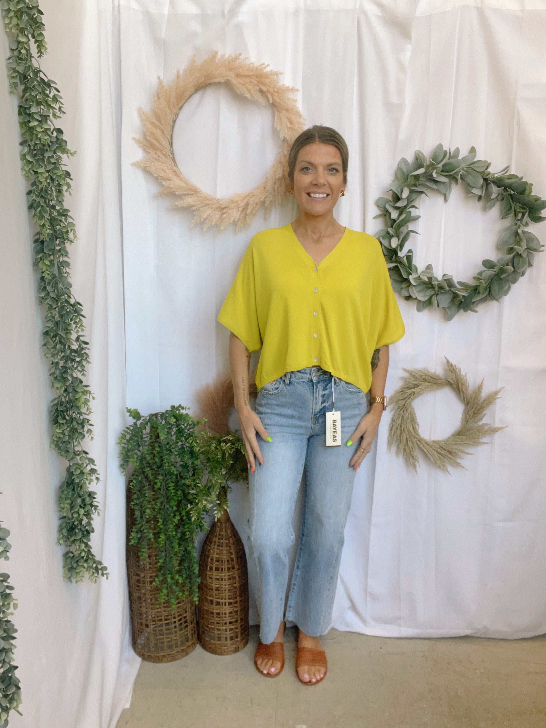 Charlie V Neck Top-Chartreuse-Short Sleeve Tops-ENTRO-The Silo Boutique, Women's Fashion Boutique Located in Warren and Grand Forks North Dakota