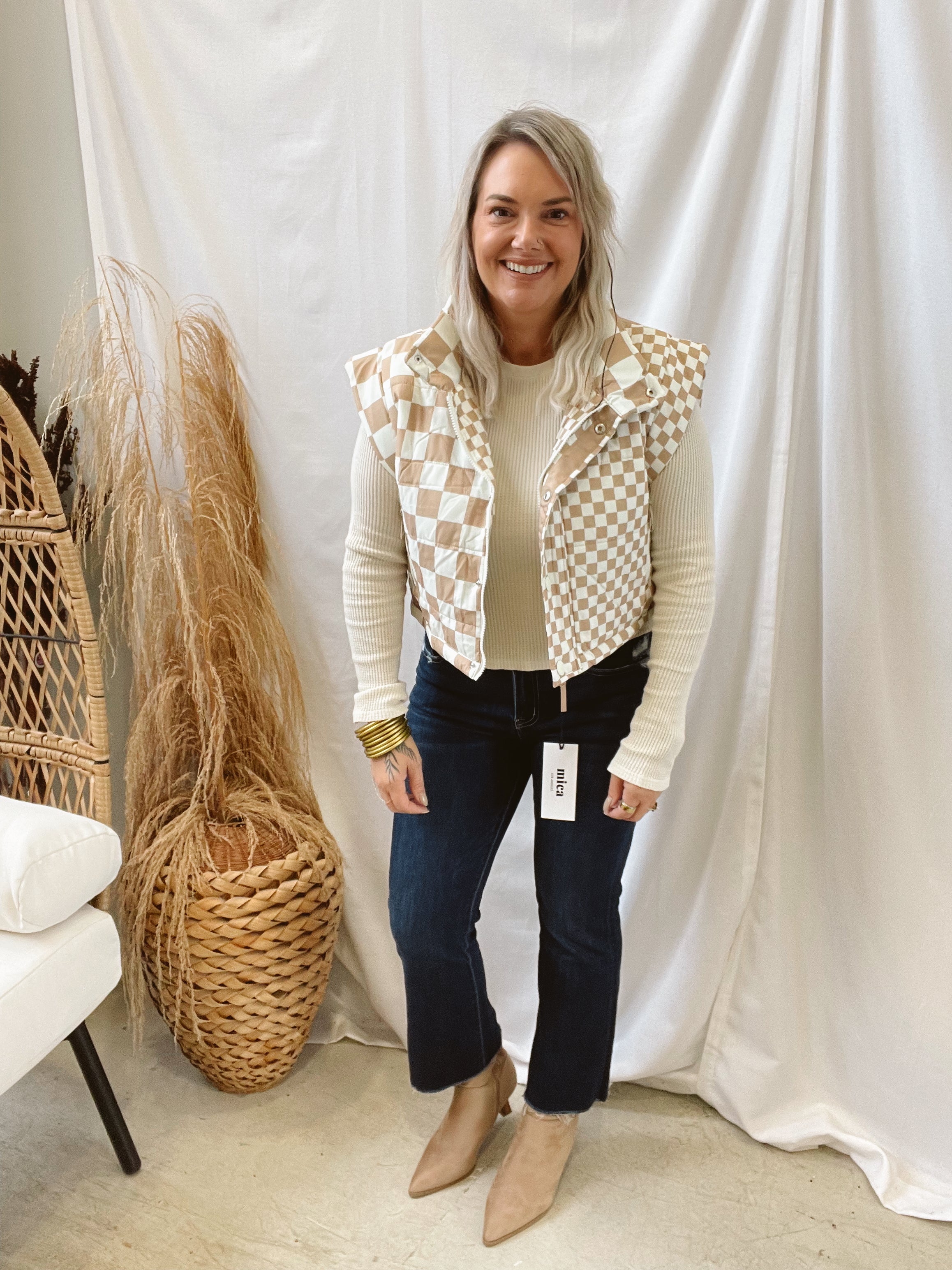 Taupe Checker Vest-Final Sale-Vests-blu pepper-The Silo Boutique, Women's Fashion Boutique Located in Warren and Grand Forks North Dakota