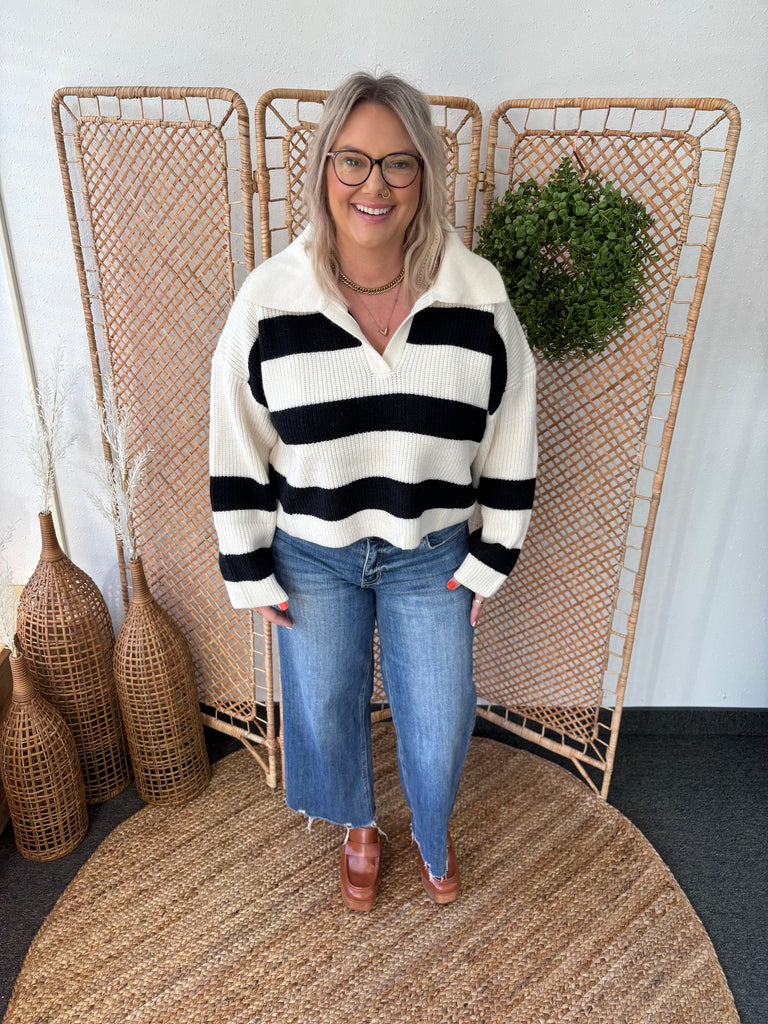 Black & Ivory Striped Collared Prep Sweater-Sweaters-buttermelon-The Silo Boutique, Women's Fashion Boutique Located in Warren and Grand Forks North Dakota
