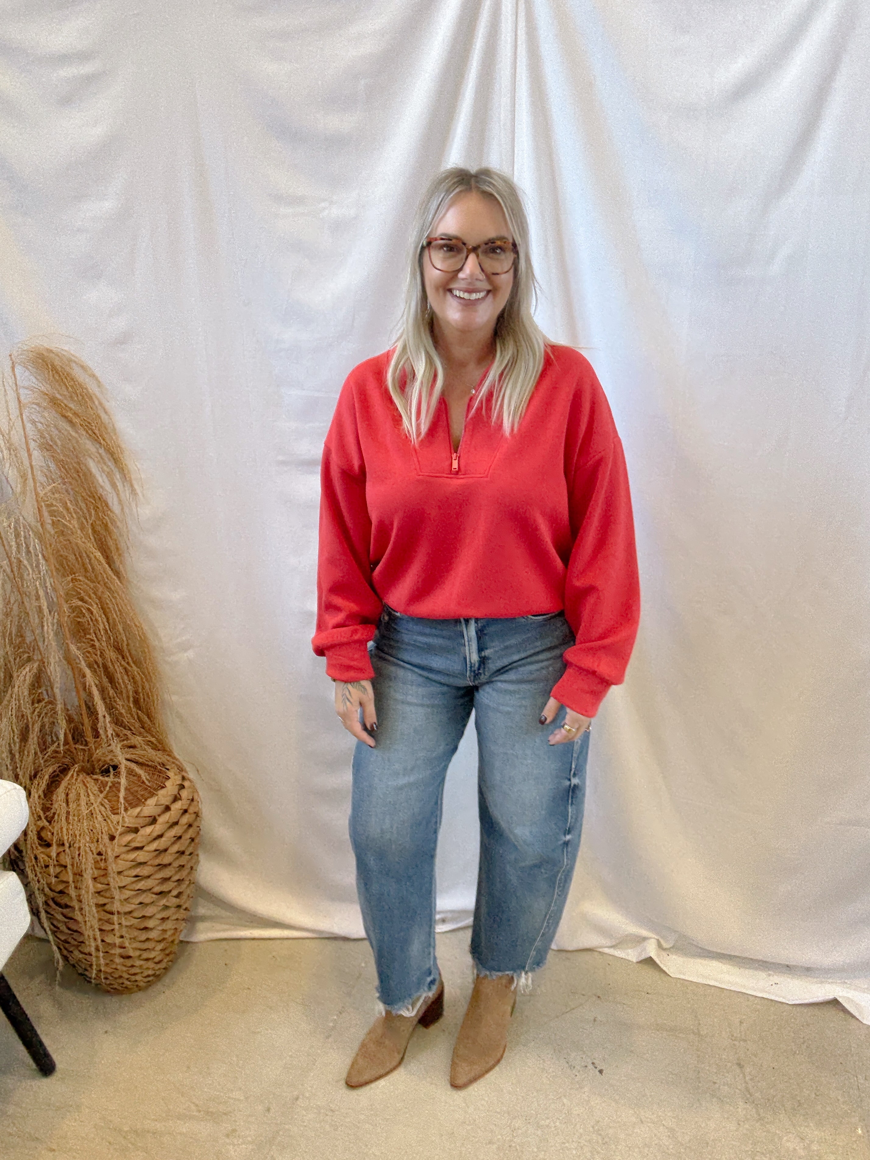 Rae Scuba Luxe V Neck Sweatshirt-Red-Sweatshirts-rae mode-The Silo Boutique, Women's Fashion Boutique Located in Warren and Grand Forks North Dakota