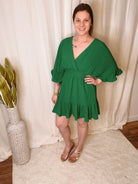 Green Ruffle Dolman Sleeve Dress-Dresses-she and sky-The Silo Boutique, Women's Fashion Boutique Located in Warren and Grand Forks North Dakota