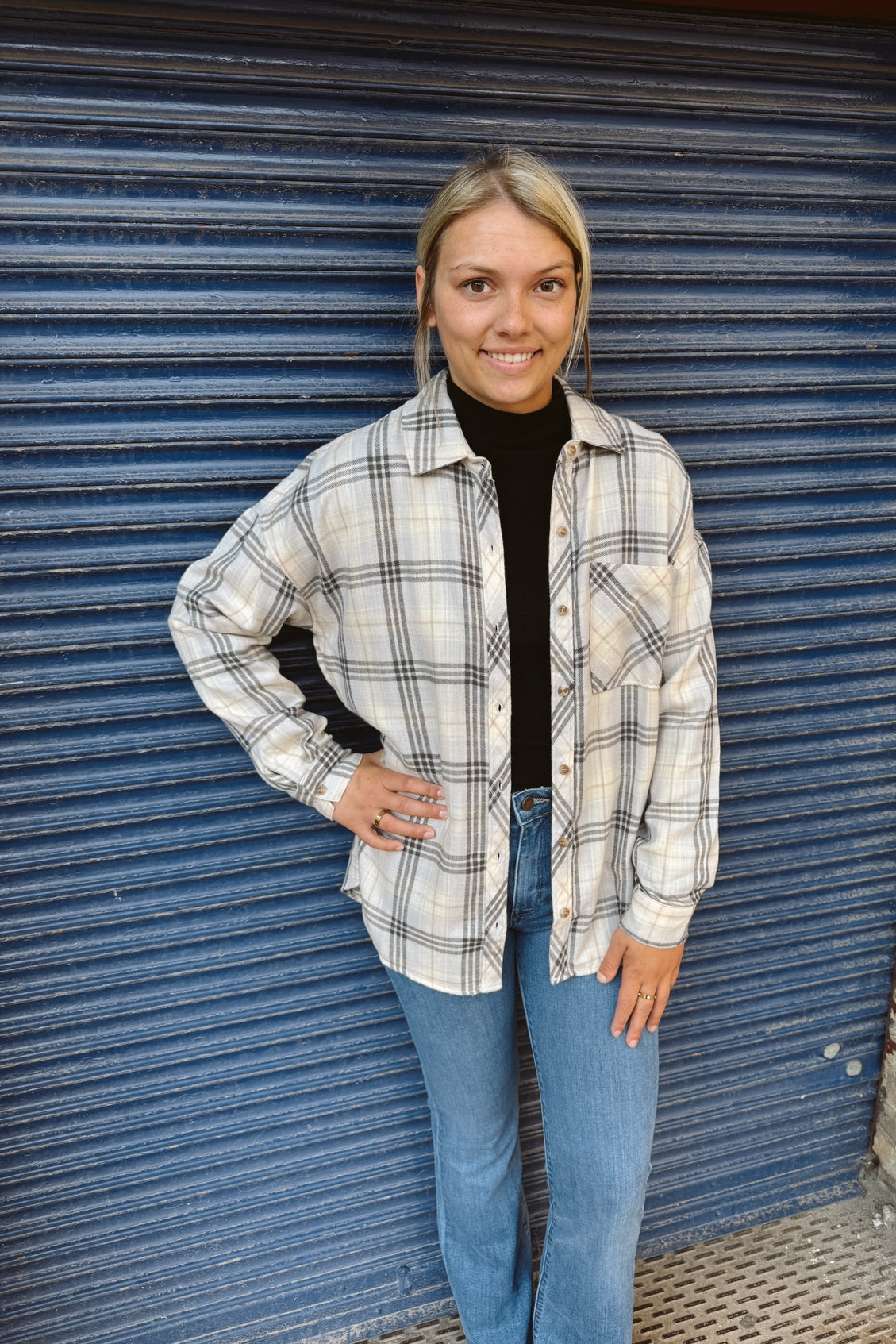 Cool Grey and Beige Soft Plaid Top-Long Sleeve Tops-be cool-The Silo Boutique, Women's Fashion Boutique Located in Warren and Grand Forks North Dakota