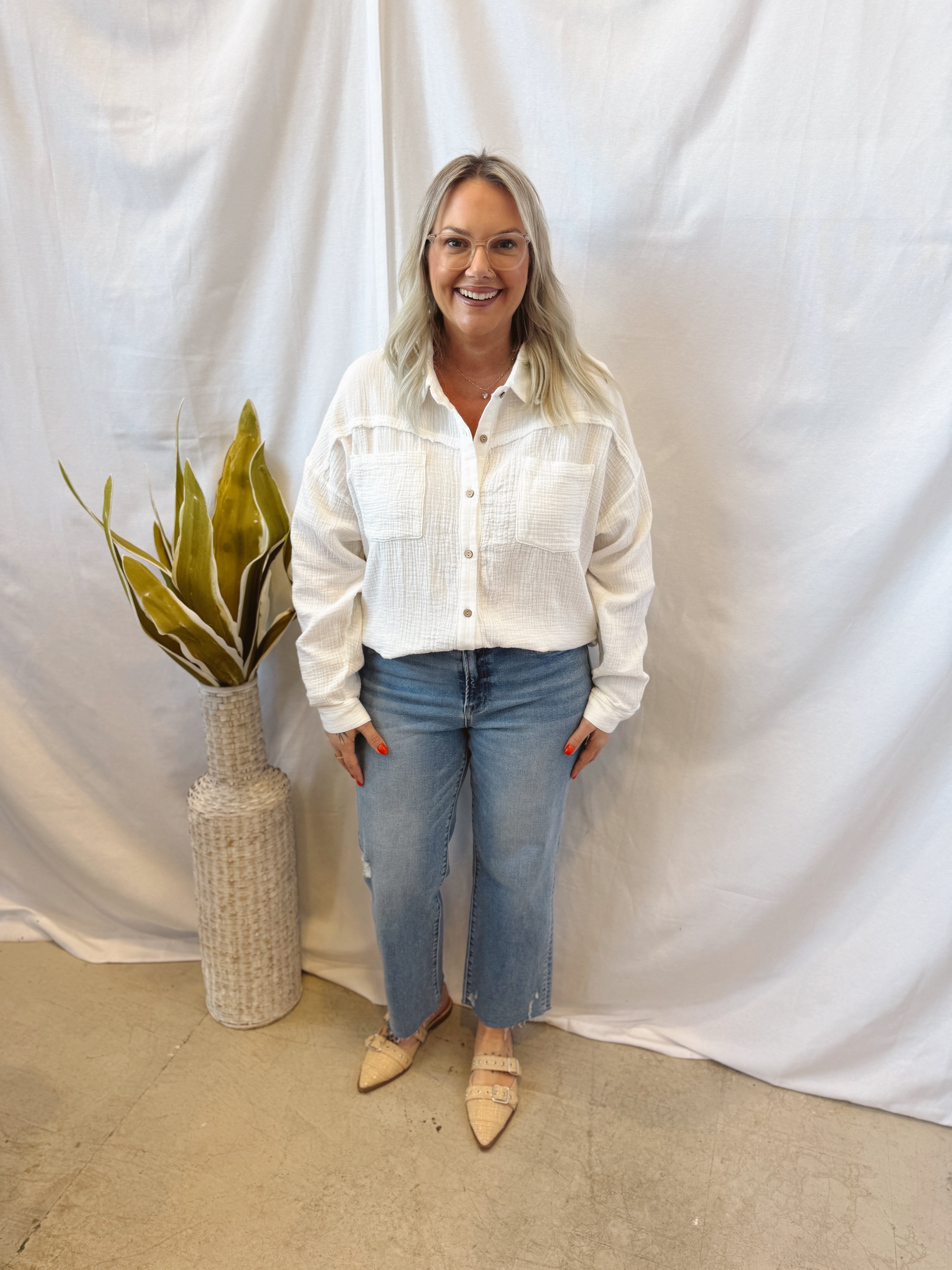 White Mineral Gauze Button Down Top-Long Sleeve Tops-very j-The Silo Boutique, Women's Fashion Boutique Located in Warren and Grand Forks North Dakota