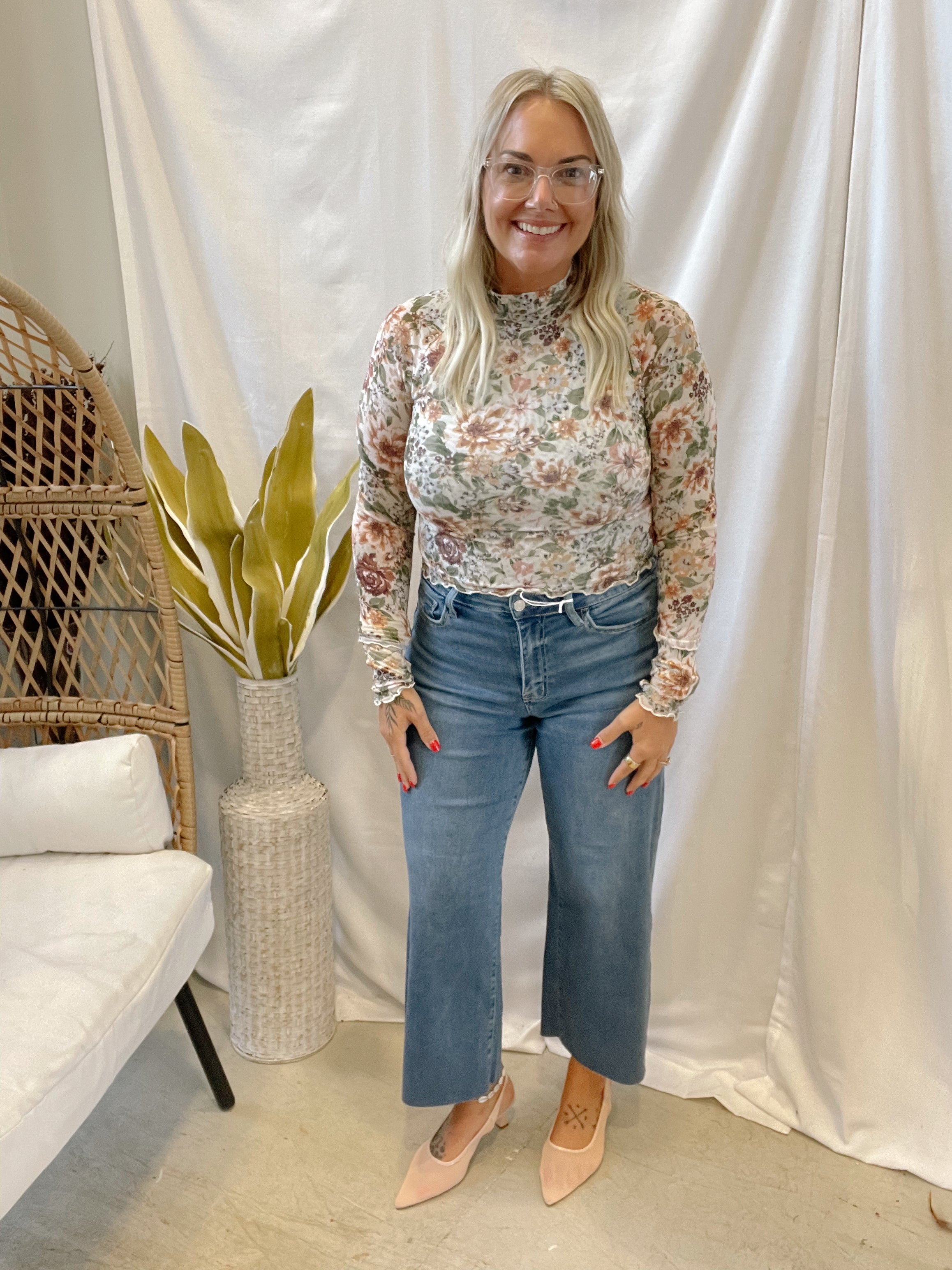 Floral Mesh Long Sleeve Top-Ivory-Long Sleeve Tops-promesa-The Silo Boutique, Women's Fashion Boutique Located in Warren and Grand Forks North Dakota