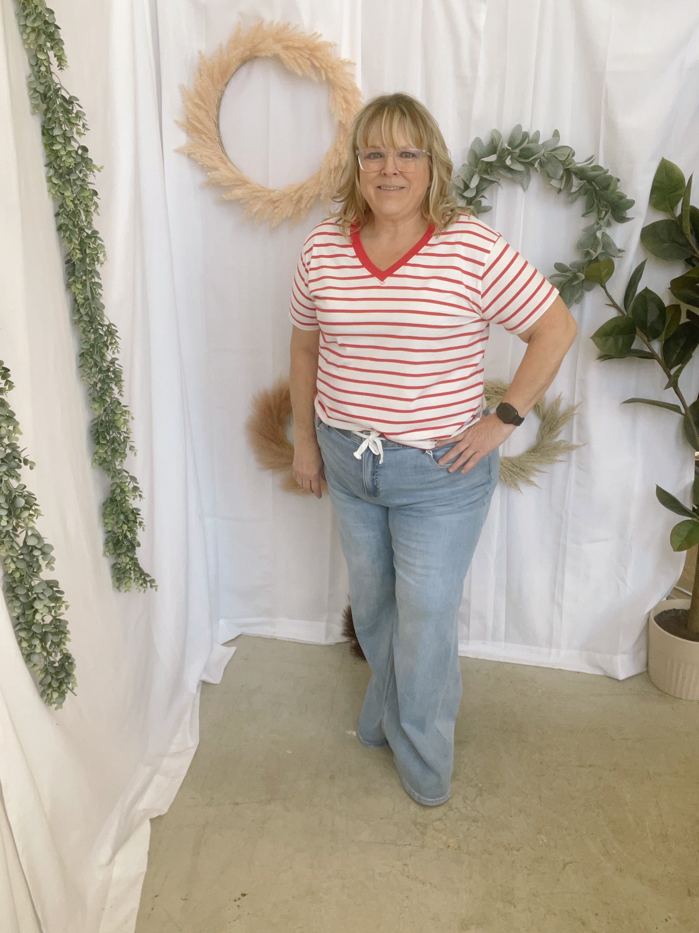 Izzy Striped V Neck Top-Red-Short Sleeve Tops-Zenana-The Silo Boutique, Women's Fashion Boutique Located in Warren and Grand Forks North Dakota