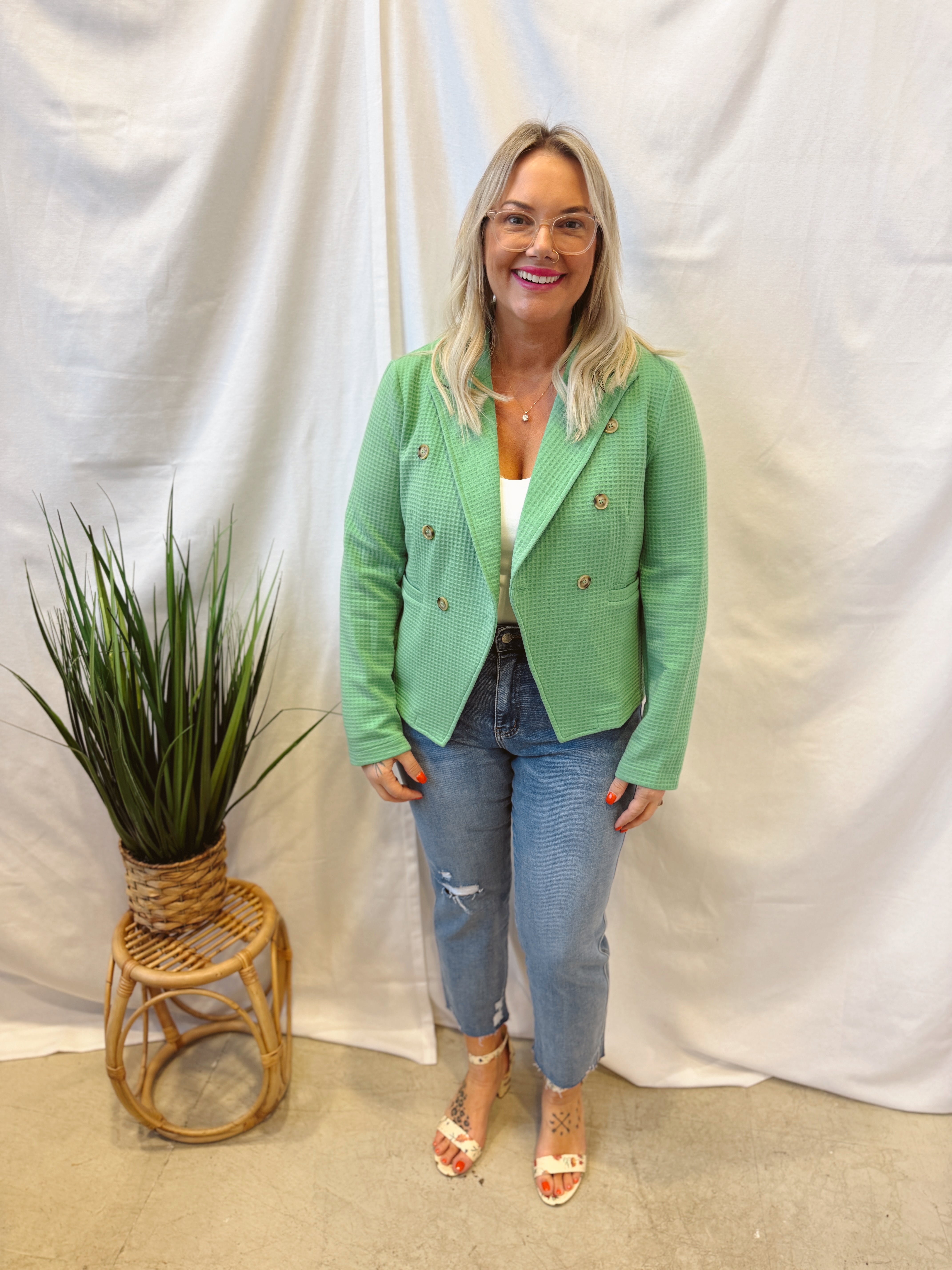 Green Waffle Knit Blazer-Blazers-Doe and Rae-The Silo Boutique, Women's Fashion Boutique Located in Warren and Grand Forks North Dakota