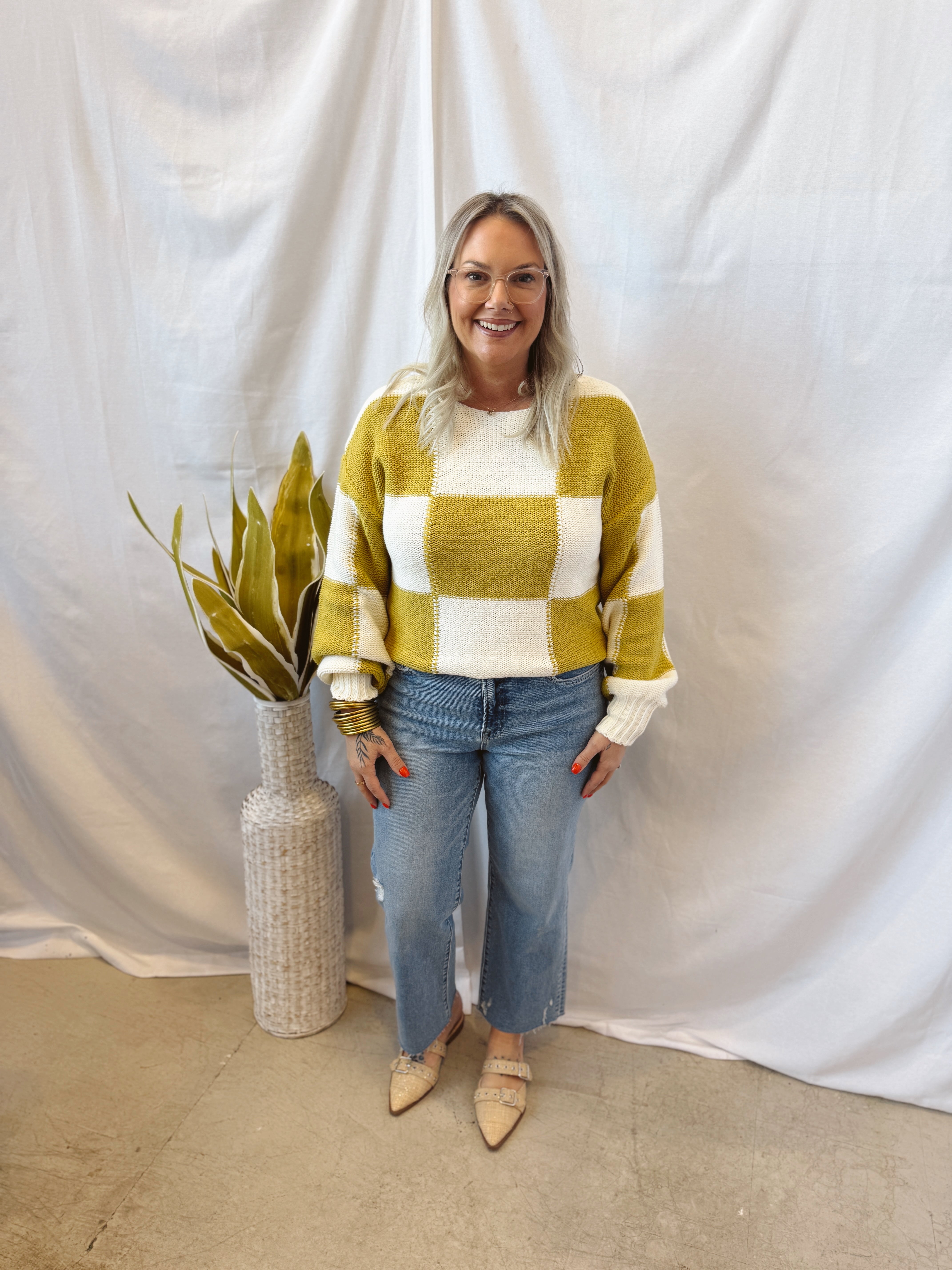 Green Tea Check Sweater-Sweaters-hem and thread-The Silo Boutique, Women's Fashion Boutique Located in Warren and Grand Forks North Dakota