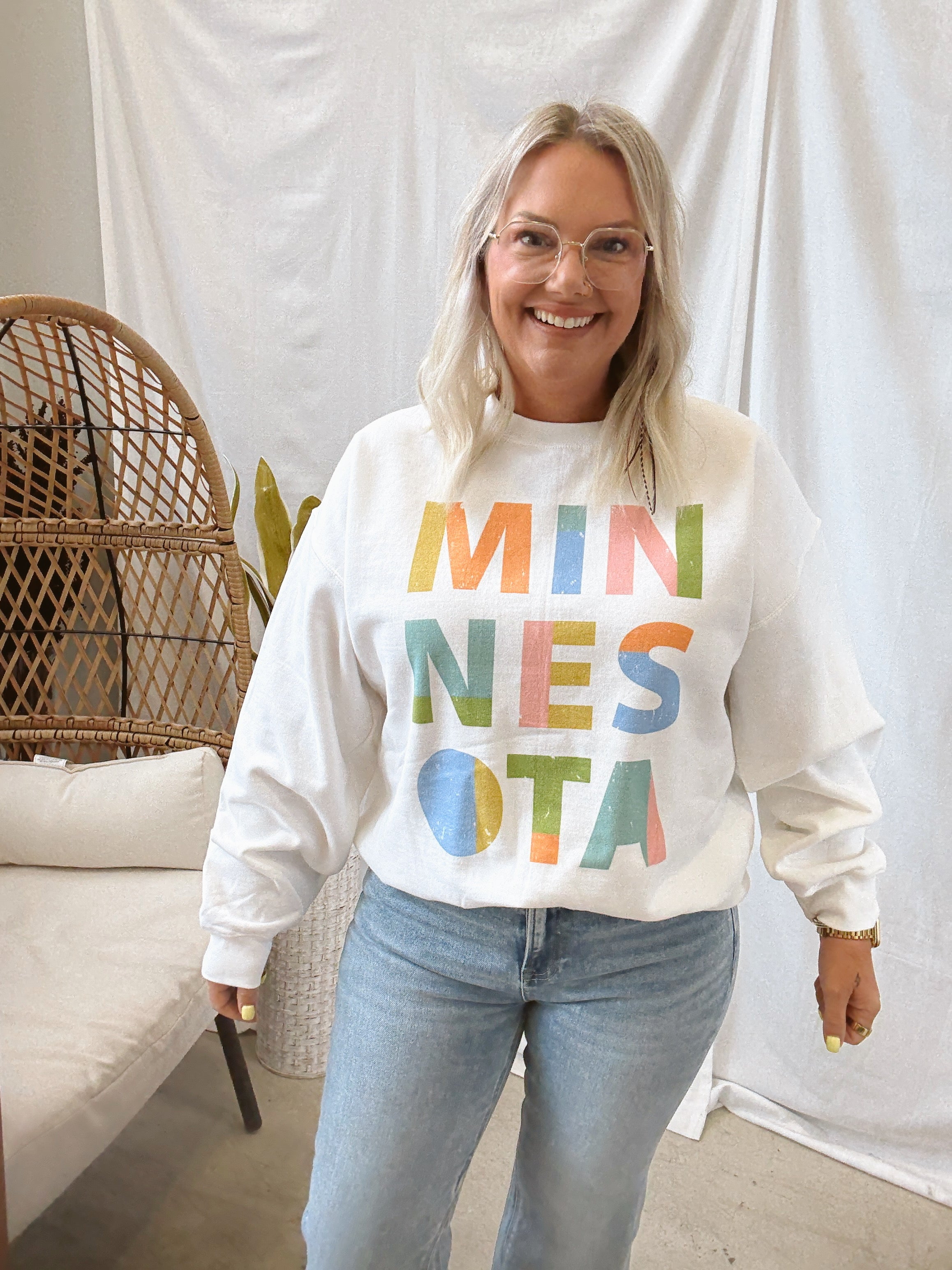 Colorful Minnesota Letter Sweatshirt-Sweatshirts-blume-The Silo Boutique, Women's Fashion Boutique Located in Warren and Grand Forks North Dakota
