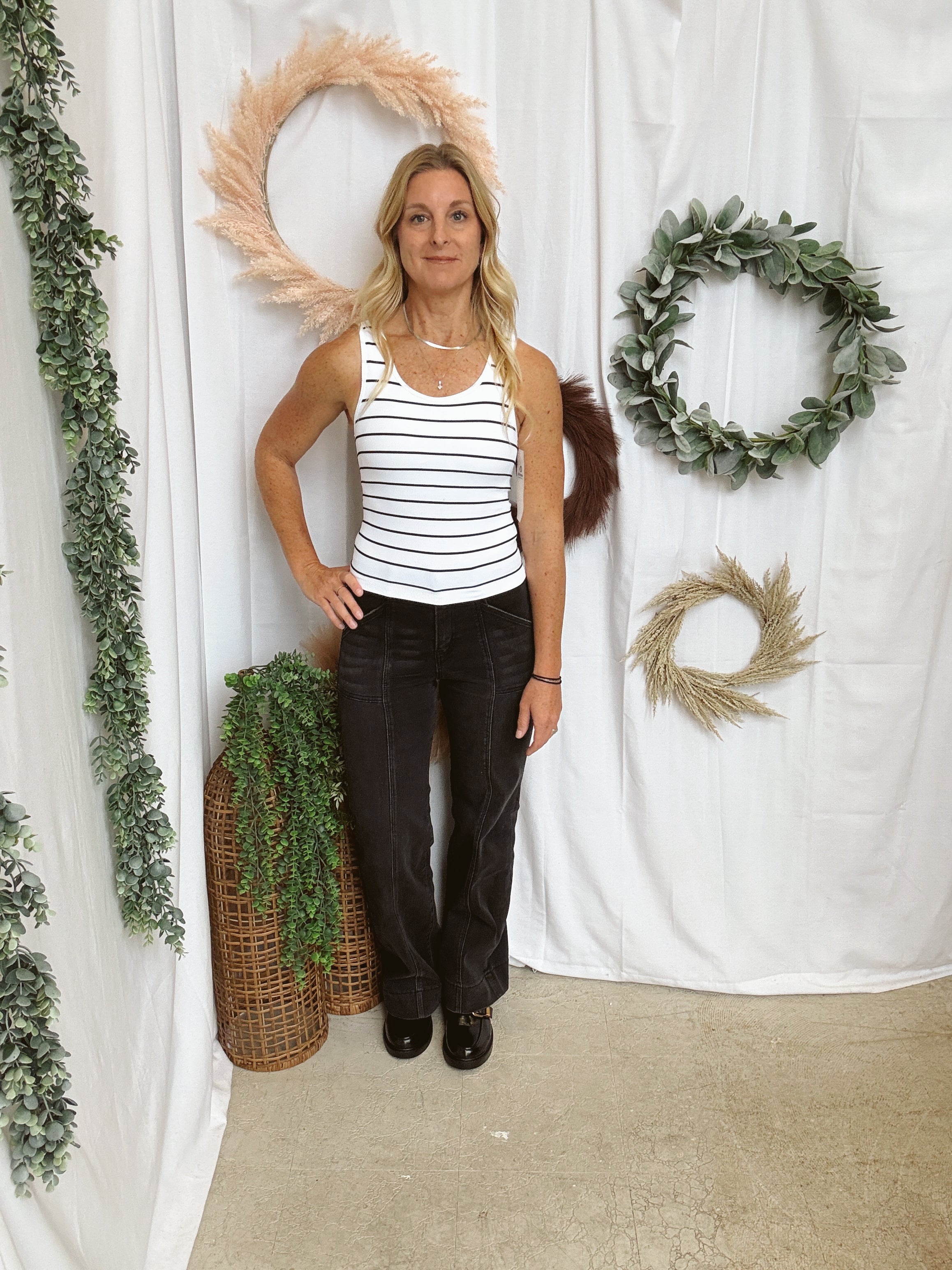 Mono B Classic Ribbed Tank Top-Black White Stripe-Tank Tops-mono b-The Silo Boutique, Women's Fashion Boutique Located in Warren and Grand Forks North Dakota