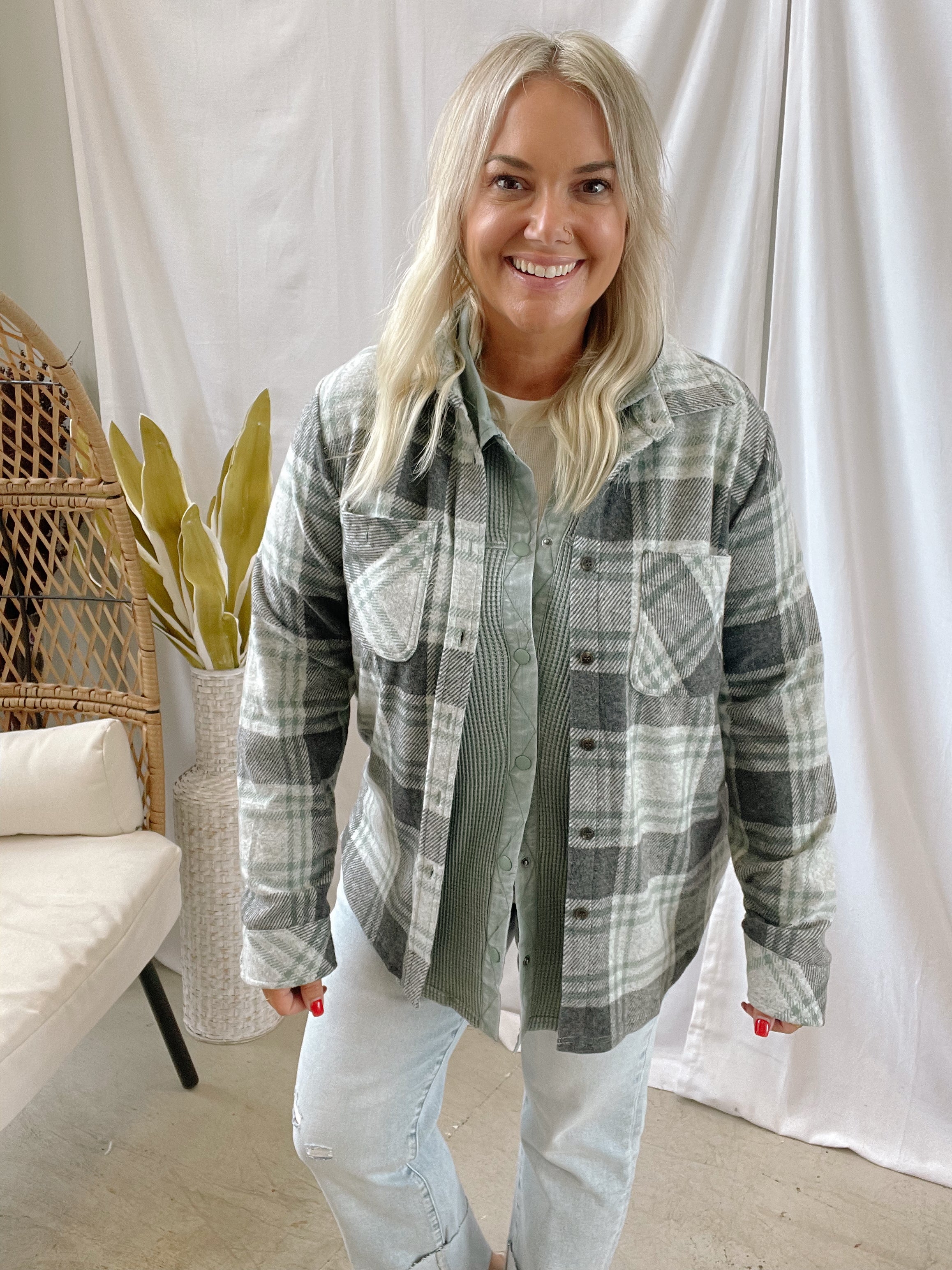 Gray Plaid Button Up Flannel Top-Long Sleeve Tops-panache-The Silo Boutique, Women's Fashion Boutique Located in Warren and Grand Forks North Dakota