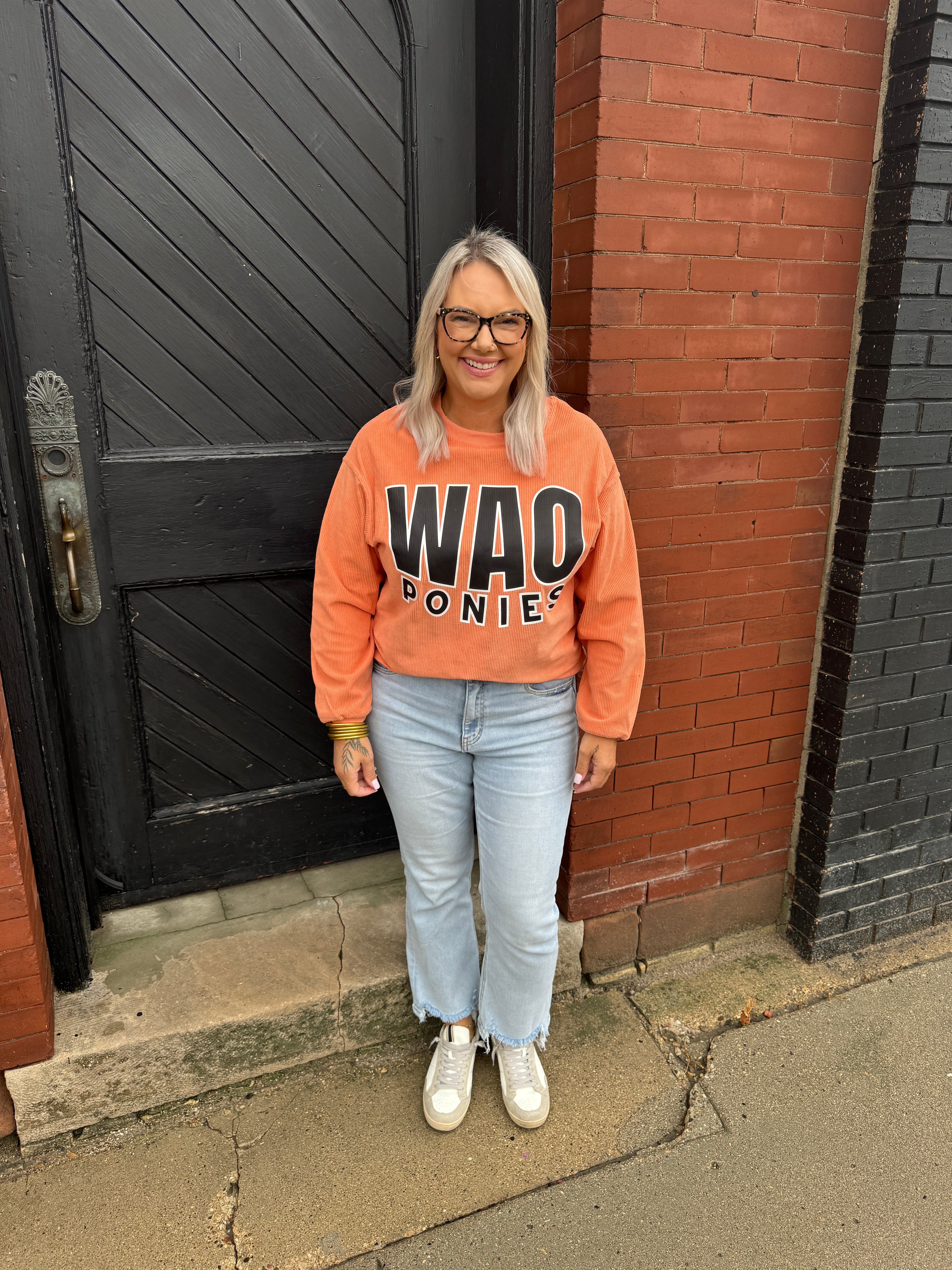 WAO Ponies Corded Crew Neck Top-Orange-Long Sleeve Tops-j lee-The Silo Boutique, Women's Fashion Boutique Located in Warren and Grand Forks North Dakota