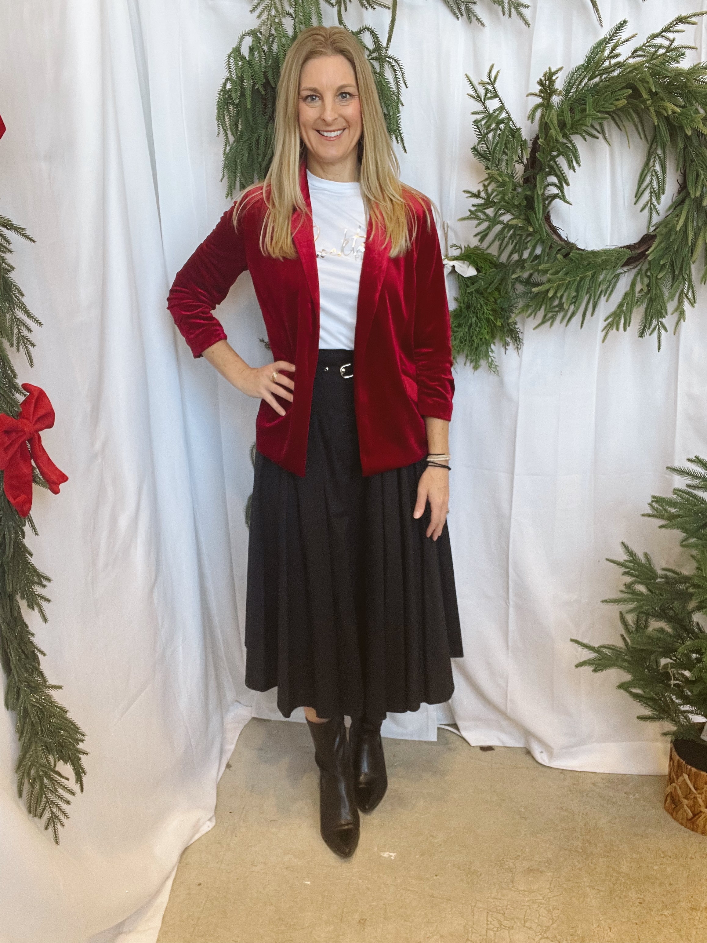 Ruby Red Velvet Blazer-Blazers-skies are blue-The Silo Boutique, Women's Fashion Boutique Located in Warren and Grand Forks North Dakota