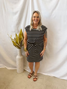 Black Striped Drawstring Dress-Dresses-staccato-The Silo Boutique, Women's Fashion Boutique Located in Warren and Grand Forks North Dakota