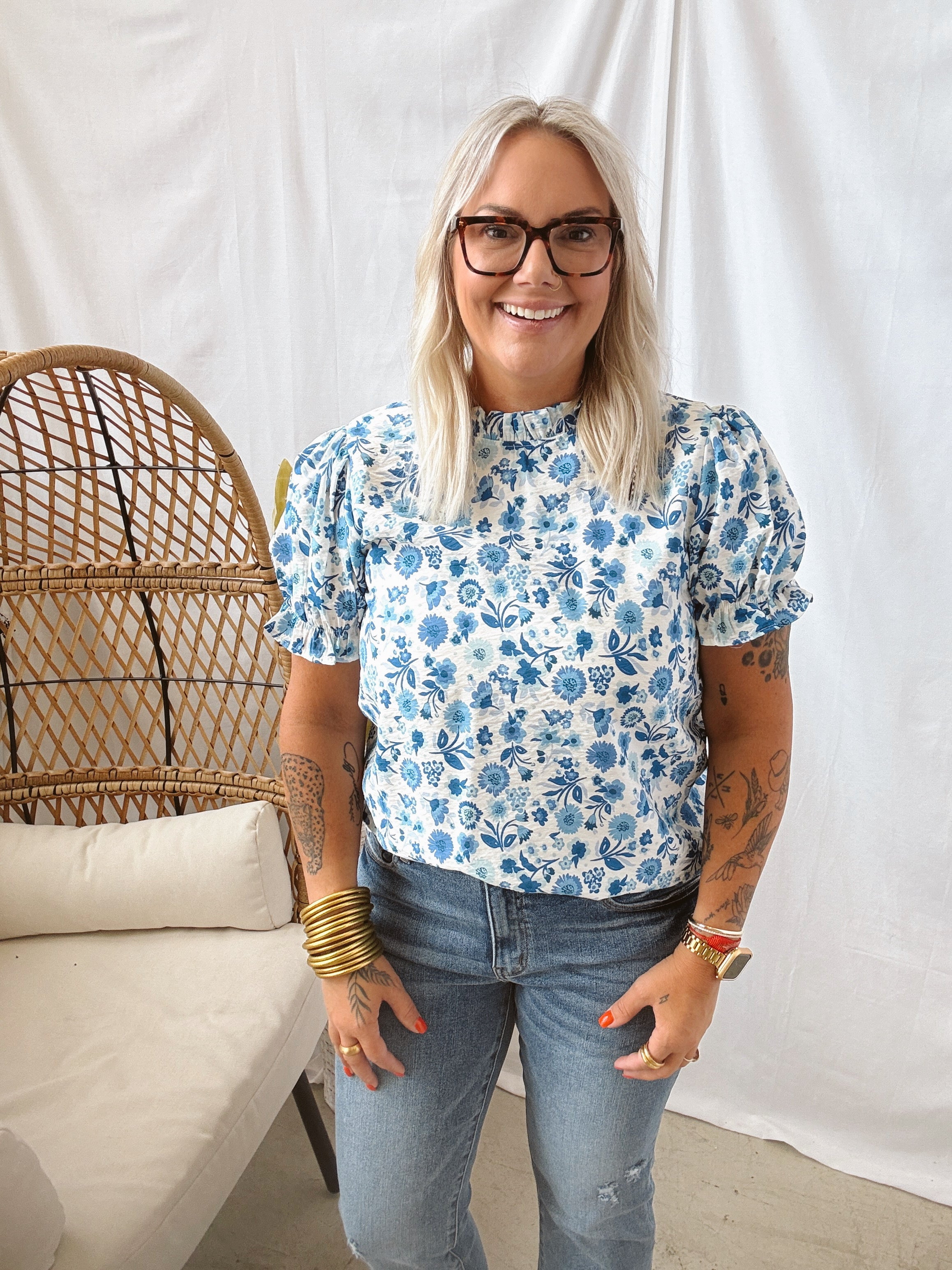 Ruffles and Blue Floral Top-FINAL SALE-Short Sleeve Tops-les amis-The Silo Boutique, Women's Fashion Boutique Located in Warren and Grand Forks North Dakota