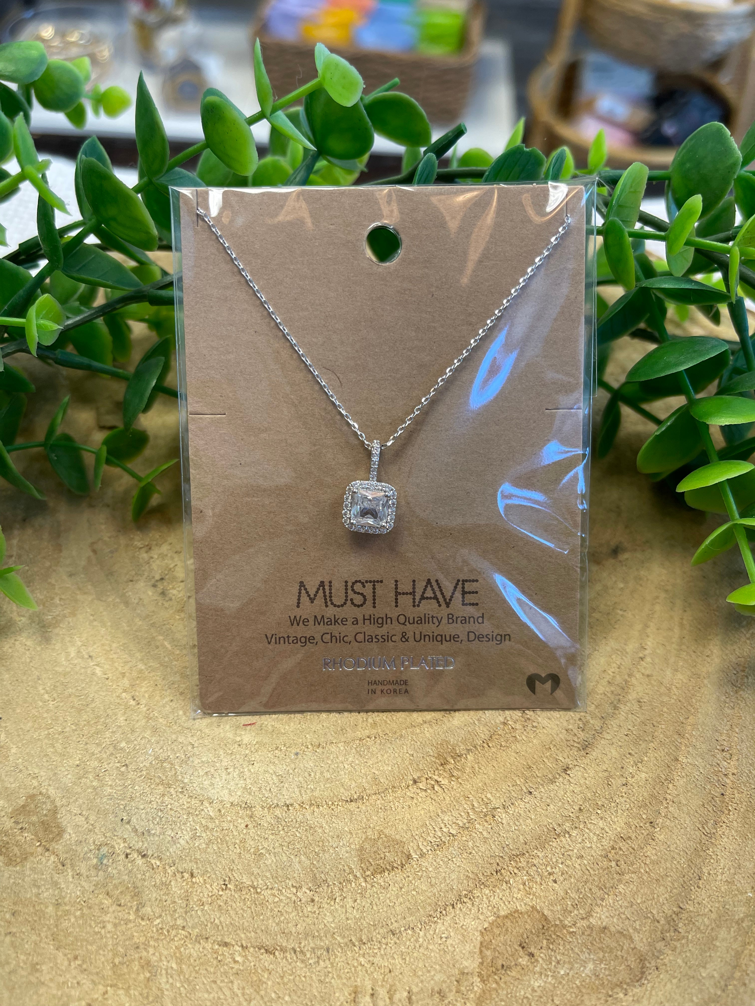 Silver Square Rhinestone Pendant Necklace-Necklaces-Fame-The Silo Boutique, Women's Fashion Boutique Located in Warren and Grand Forks North Dakota