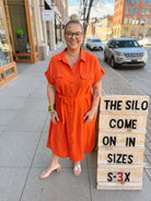 Tomato Button Down and Belted Dress-Final Sale Online Only-Dresses-she and sky-The Silo Boutique, Women's Fashion Boutique Located in Warren and Grand Forks North Dakota