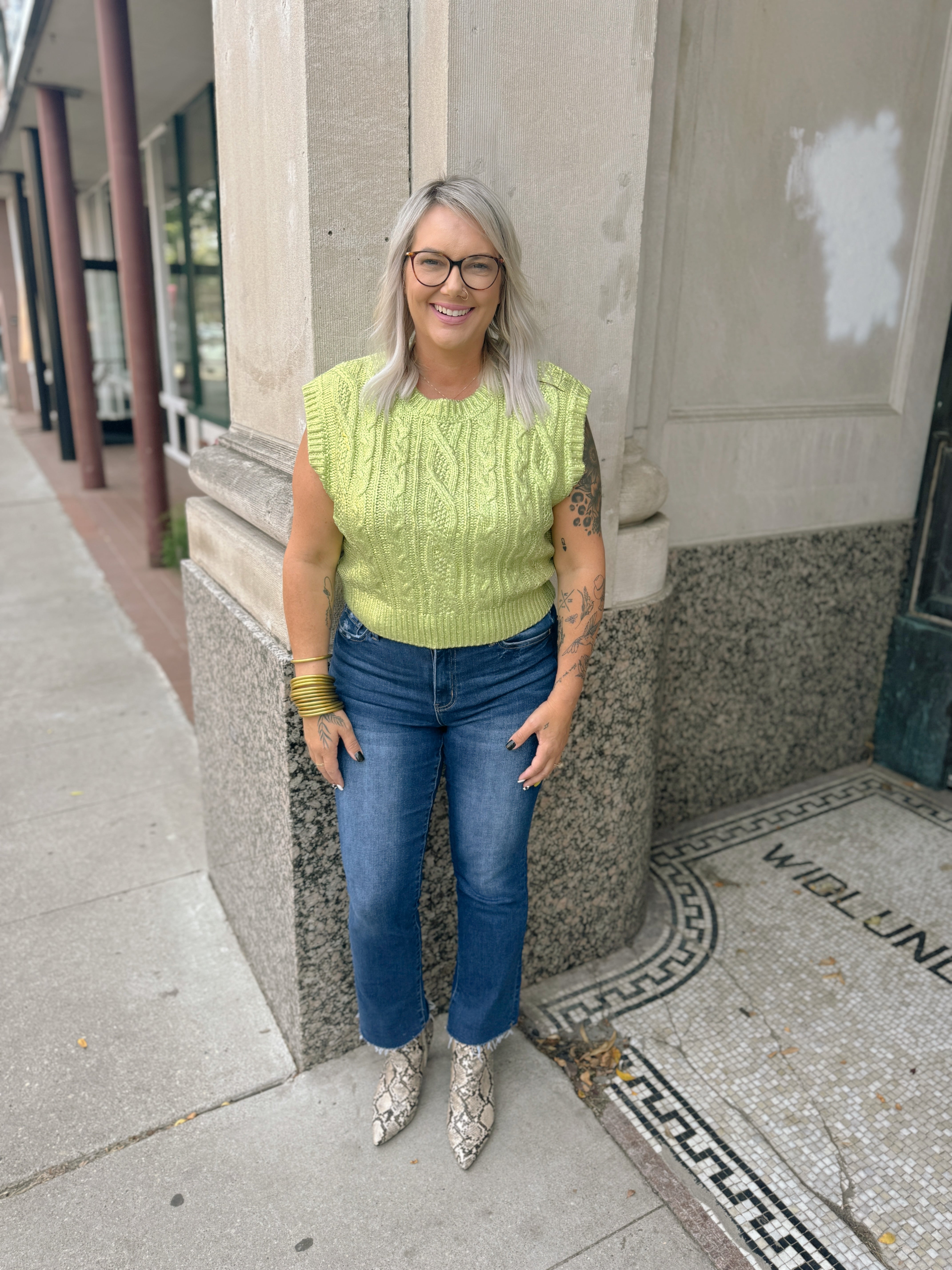 Lime Metallic Sweater Vest-Final Sale Online Only-Sweaters-she and sky-The Silo Boutique, Women's Fashion Boutique Located in Warren and Grand Forks North Dakota