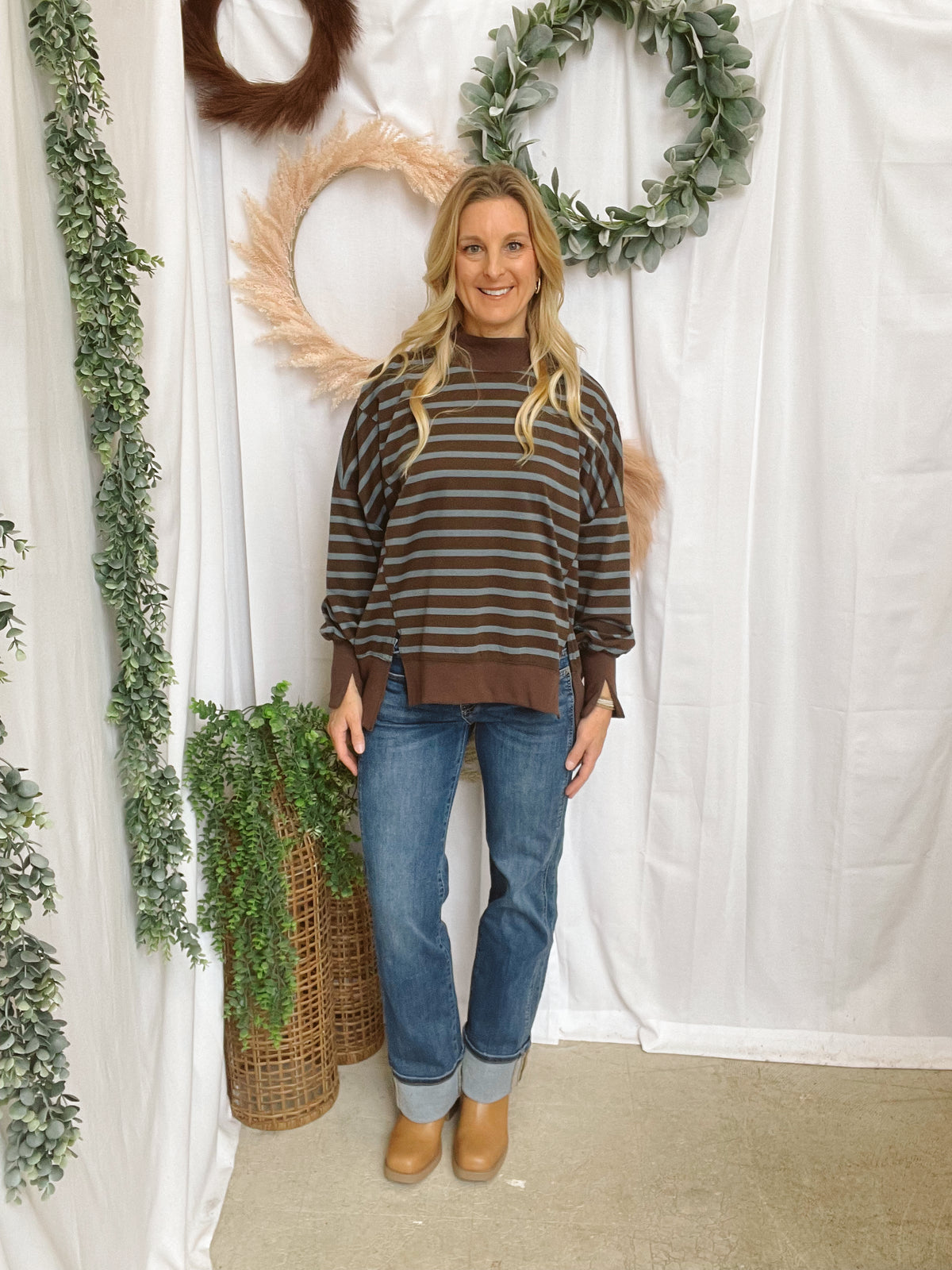 Nikki Mock Neck Sweatshirt-Brown/Blue-sweashirts-hyfve-The Silo Boutique, Women's Fashion Boutique Located in Warren and Grand Forks North Dakota