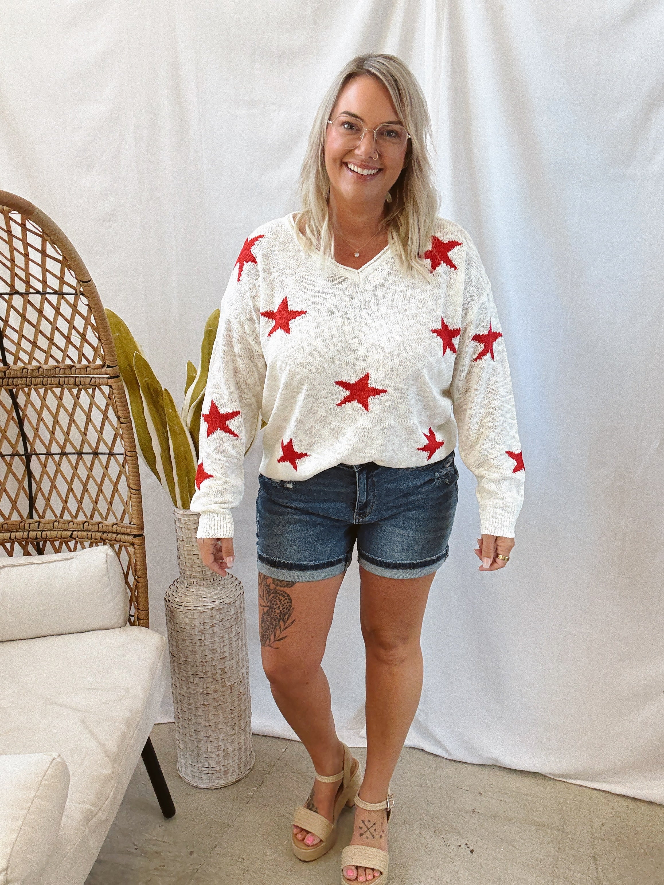 White and Red Star Sweater-Sweaters-timing-The Silo Boutique, Women's Fashion Boutique Located in Warren and Grand Forks North Dakota