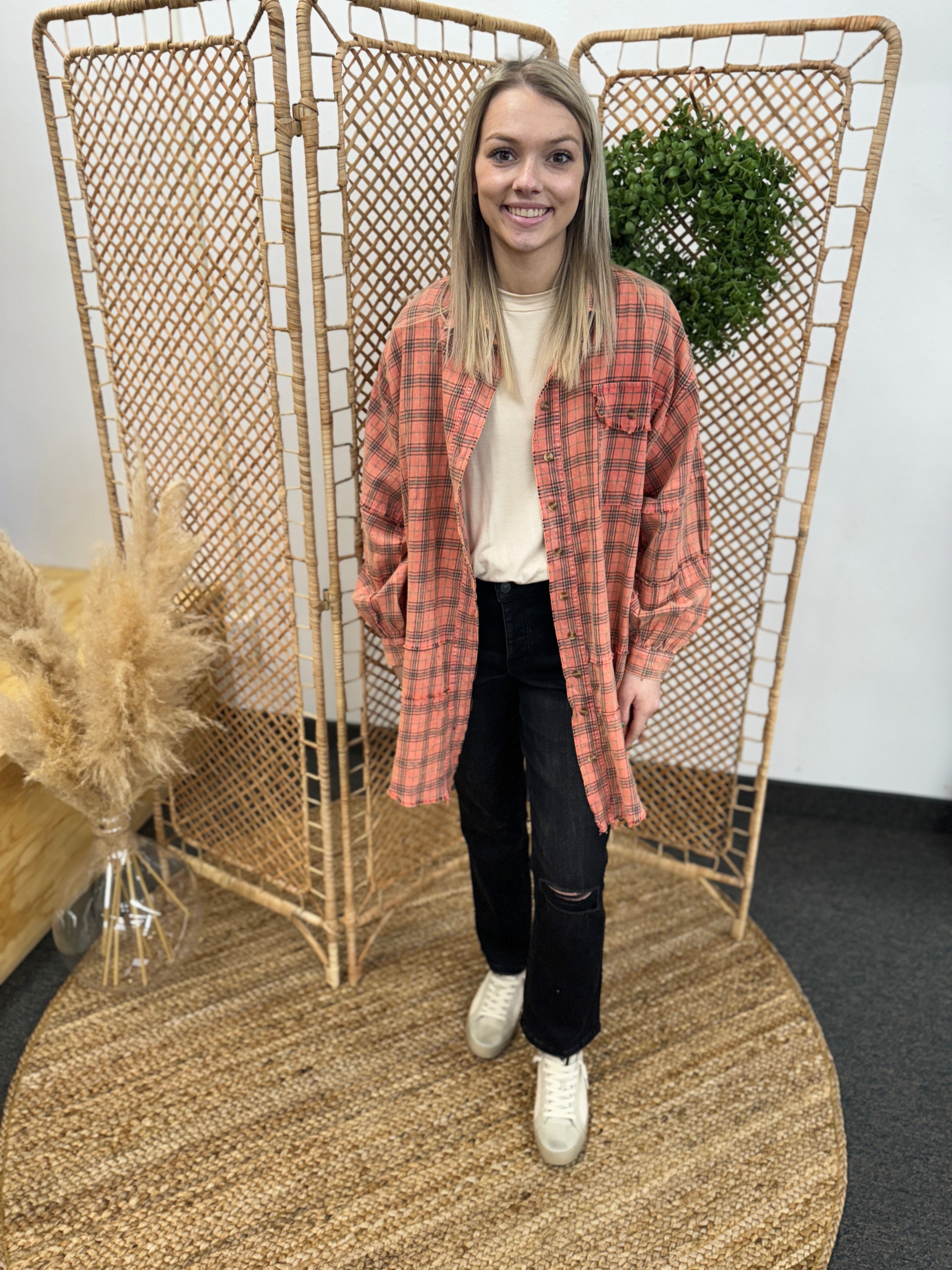 Mineral Washed Coral Plaid Top-easel-The Silo Boutique, Women's Fashion Boutique Located in Warren and Grand Forks North Dakota