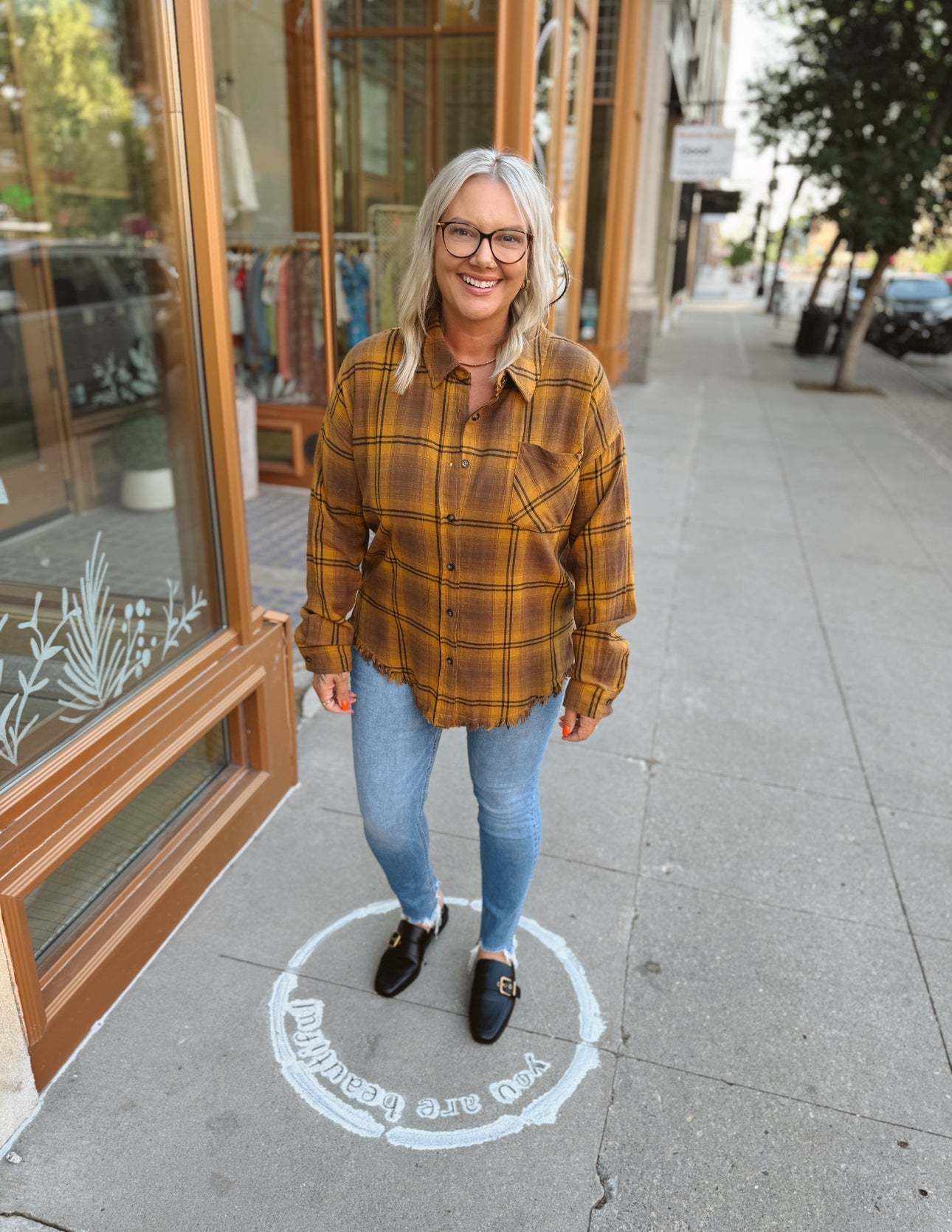 Fringe Hem Mustard Plaid Flannel Top-Long Sleeve Tops-hem and thread-The Silo Boutique, Women's Fashion Boutique Located in Warren and Grand Forks North Dakota