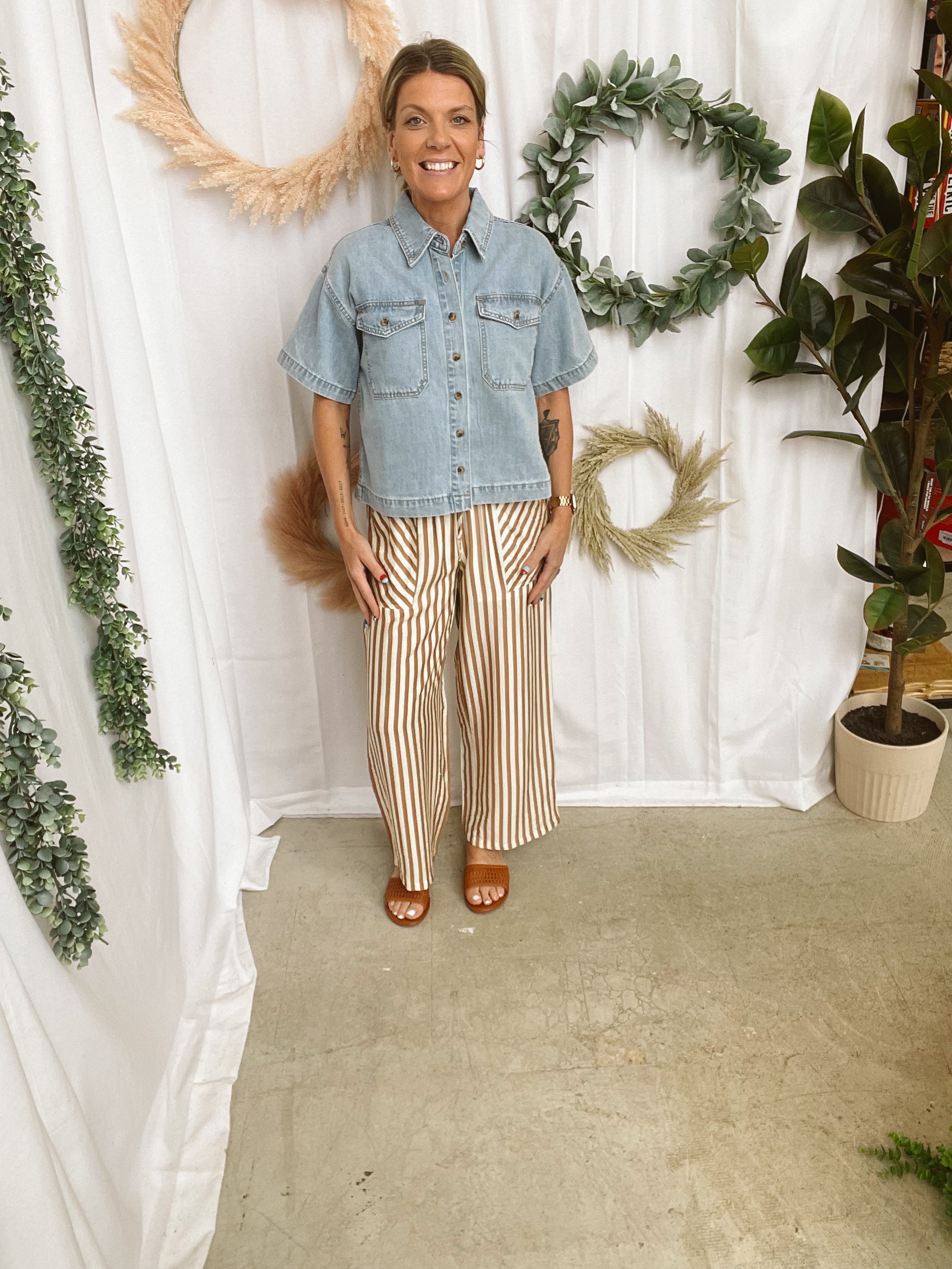 West Mocha Striped Pants-Pants-wishlist-The Silo Boutique, Women's Fashion Boutique Located in Warren and Grand Forks North Dakota