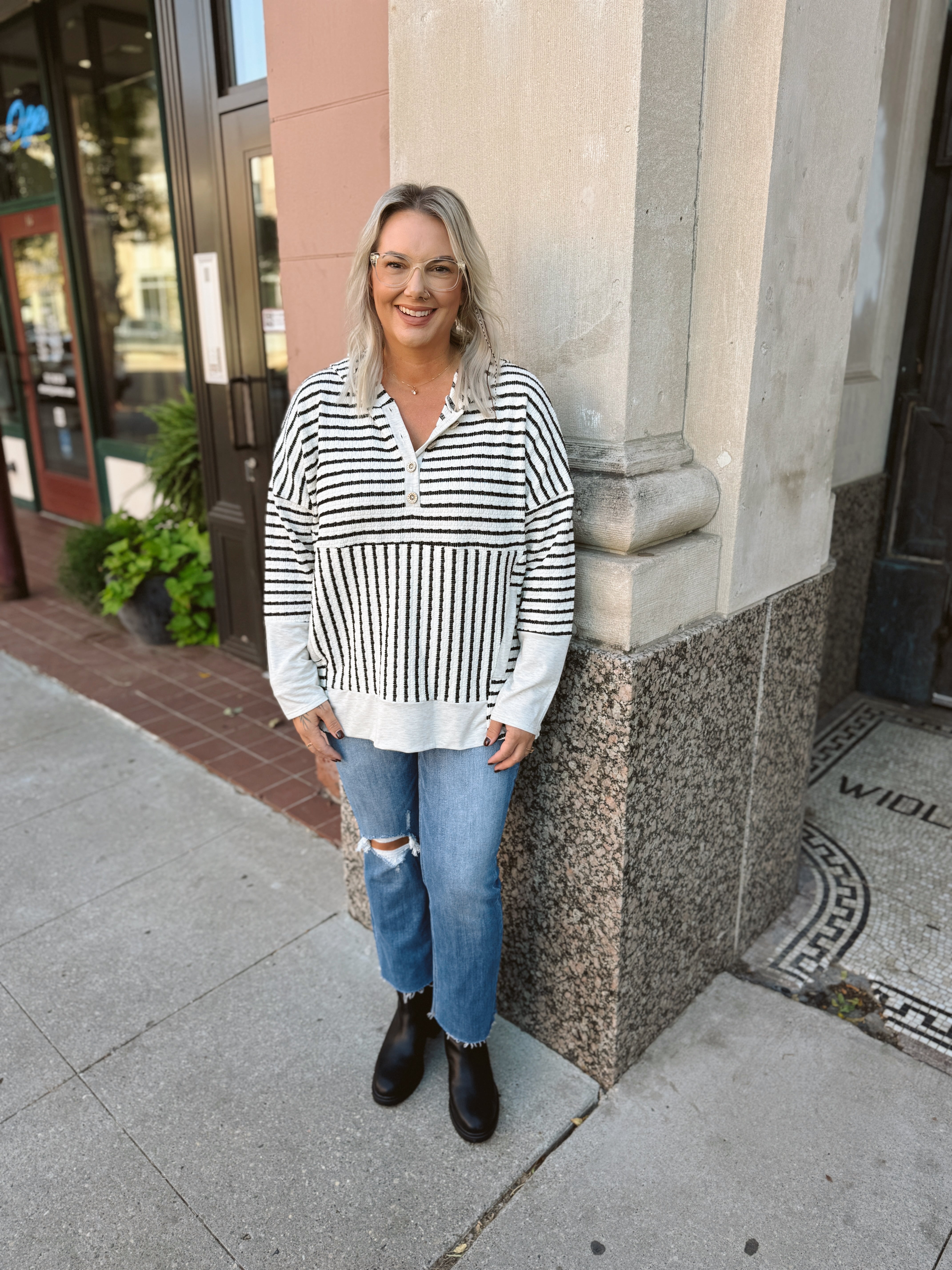 Cream and Black Striped Hoodie Top-Sweatshirts-heimish-The Silo Boutique, Women's Fashion Boutique Located in Warren and Grand Forks North Dakota