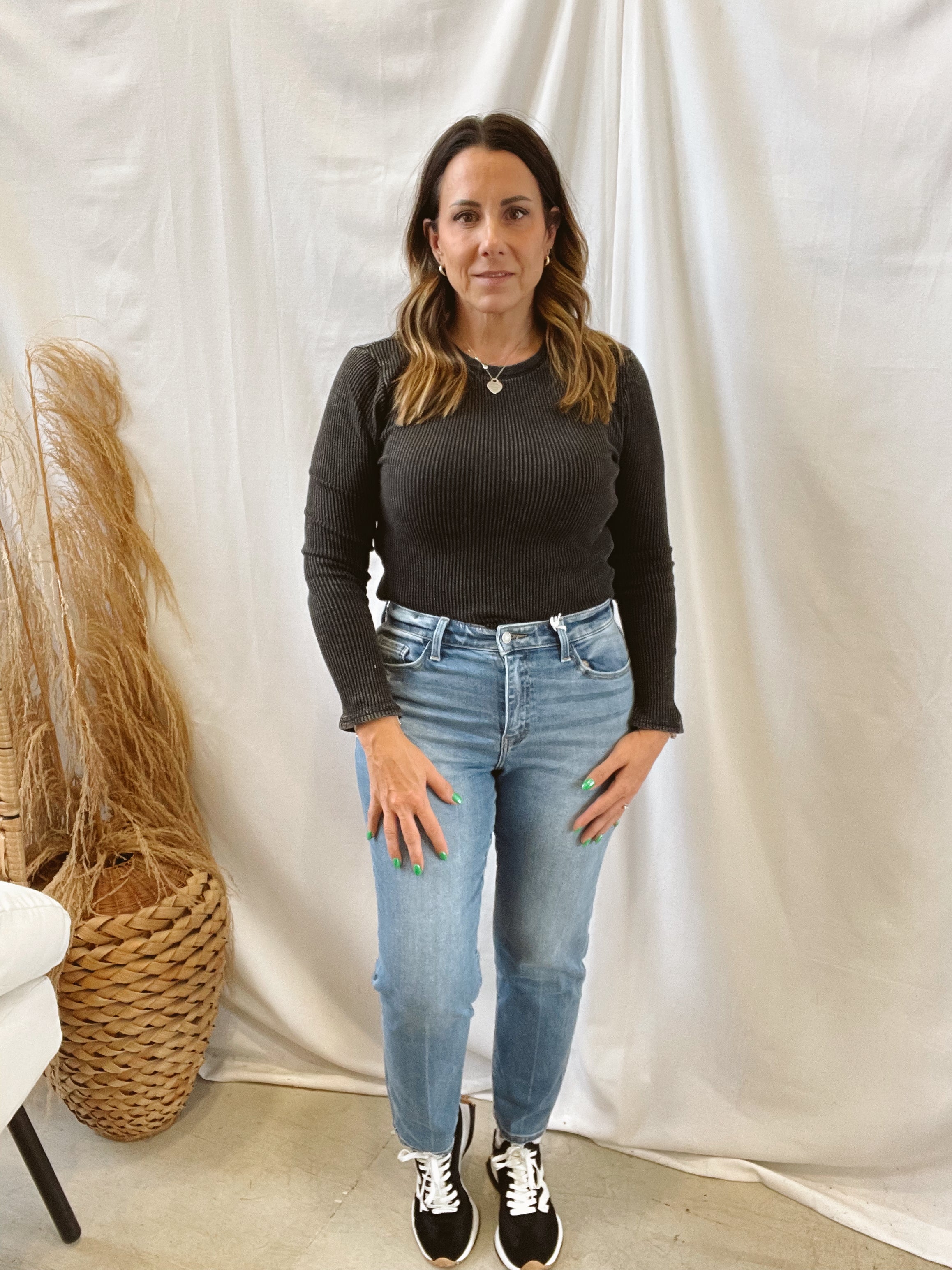 Mineral Wash Waffle Knit Top-Black-Long Sleeve Tops-hyfve-The Silo Boutique, Women's Fashion Boutique Located in Warren and Grand Forks North Dakota