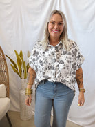 Black Floral Mix Button Down Top-Final Sale-Short Sleeve Tops-Umgee-The Silo Boutique, Women's Fashion Boutique Located in Warren and Grand Forks North Dakota