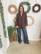 Becky Ruffle Tie Top-Brown-Long Sleeve Tops-staccato-The Silo Boutique, Women's Fashion Boutique Located in Warren and Grand Forks North Dakota