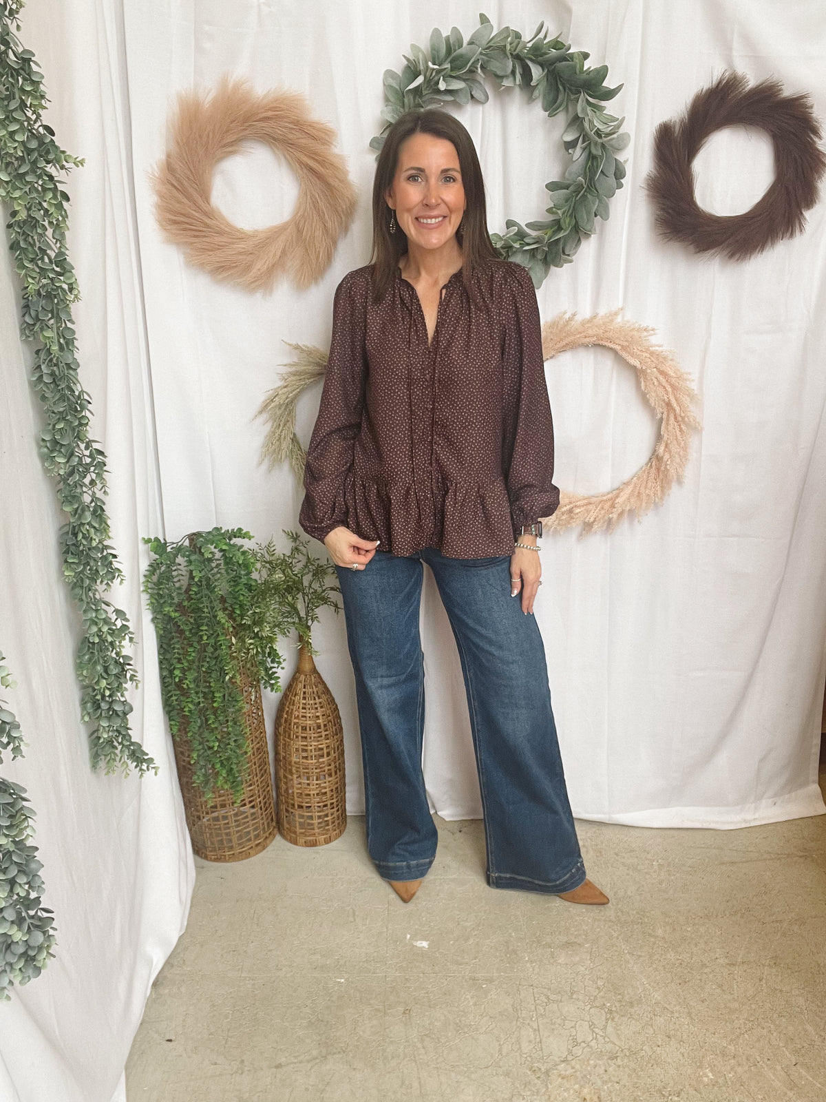 Becky Ruffle Tie Top-Brown-Long Sleeve Tops-staccato-The Silo Boutique, Women's Fashion Boutique Located in Warren and Grand Forks North Dakota
