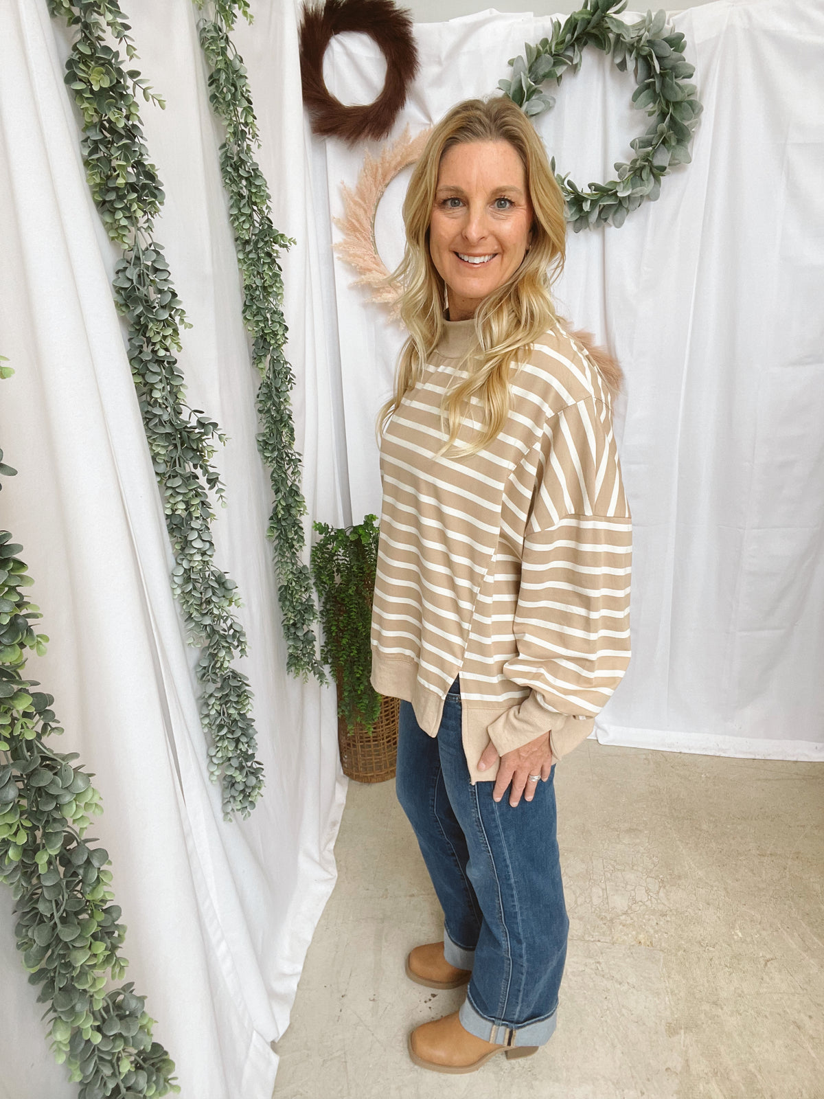 Nikki Mock Neck Sweatshirt-Taupe-sweashirts-hyfve-The Silo Boutique, Women's Fashion Boutique Located in Warren and Grand Forks North Dakota
