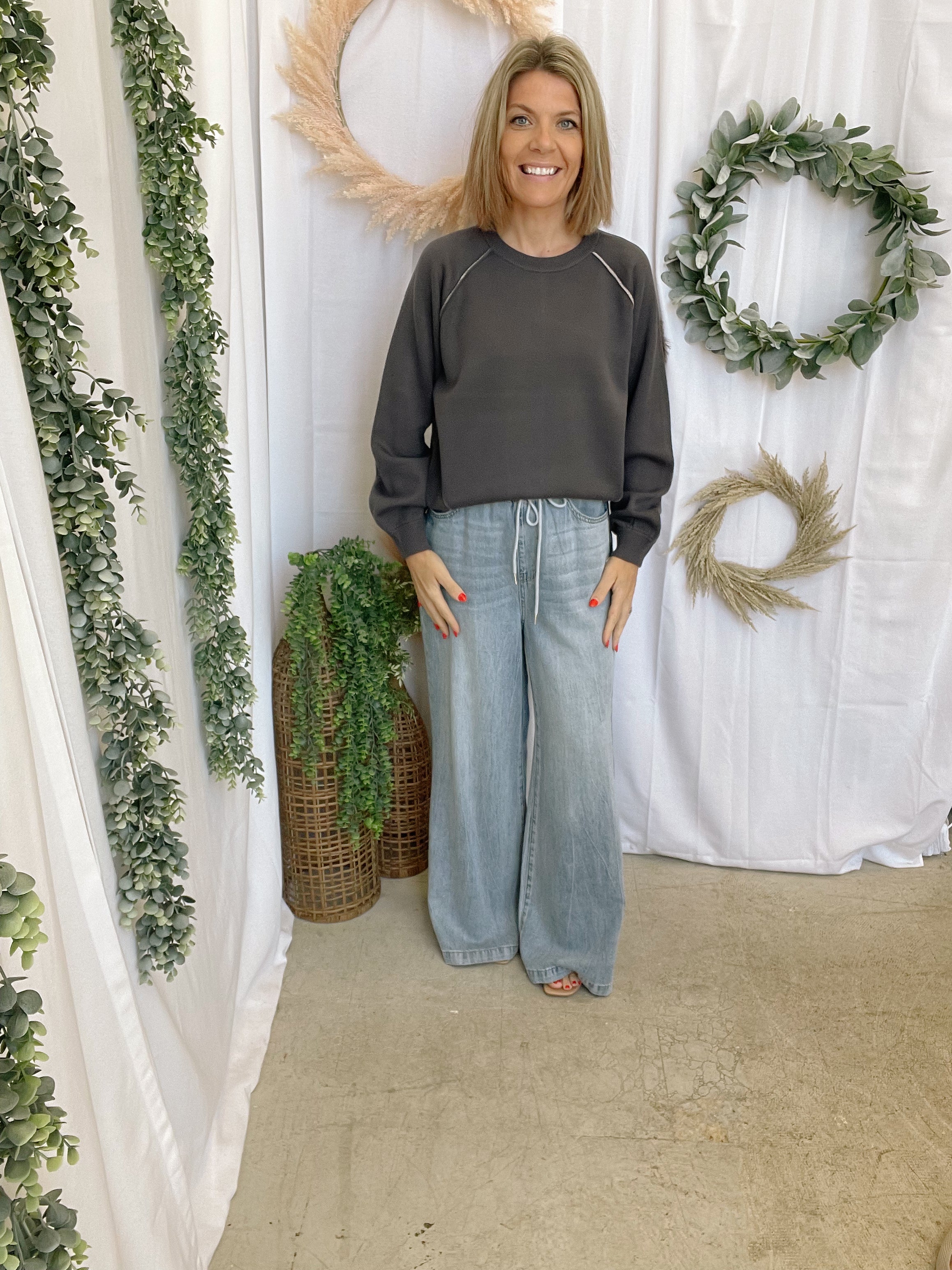 Double Knit Crew Sweater-Charcoal-Sweaters-hem and thread-The Silo Boutique, Women's Fashion Boutique Located in Warren and Grand Forks North Dakota
