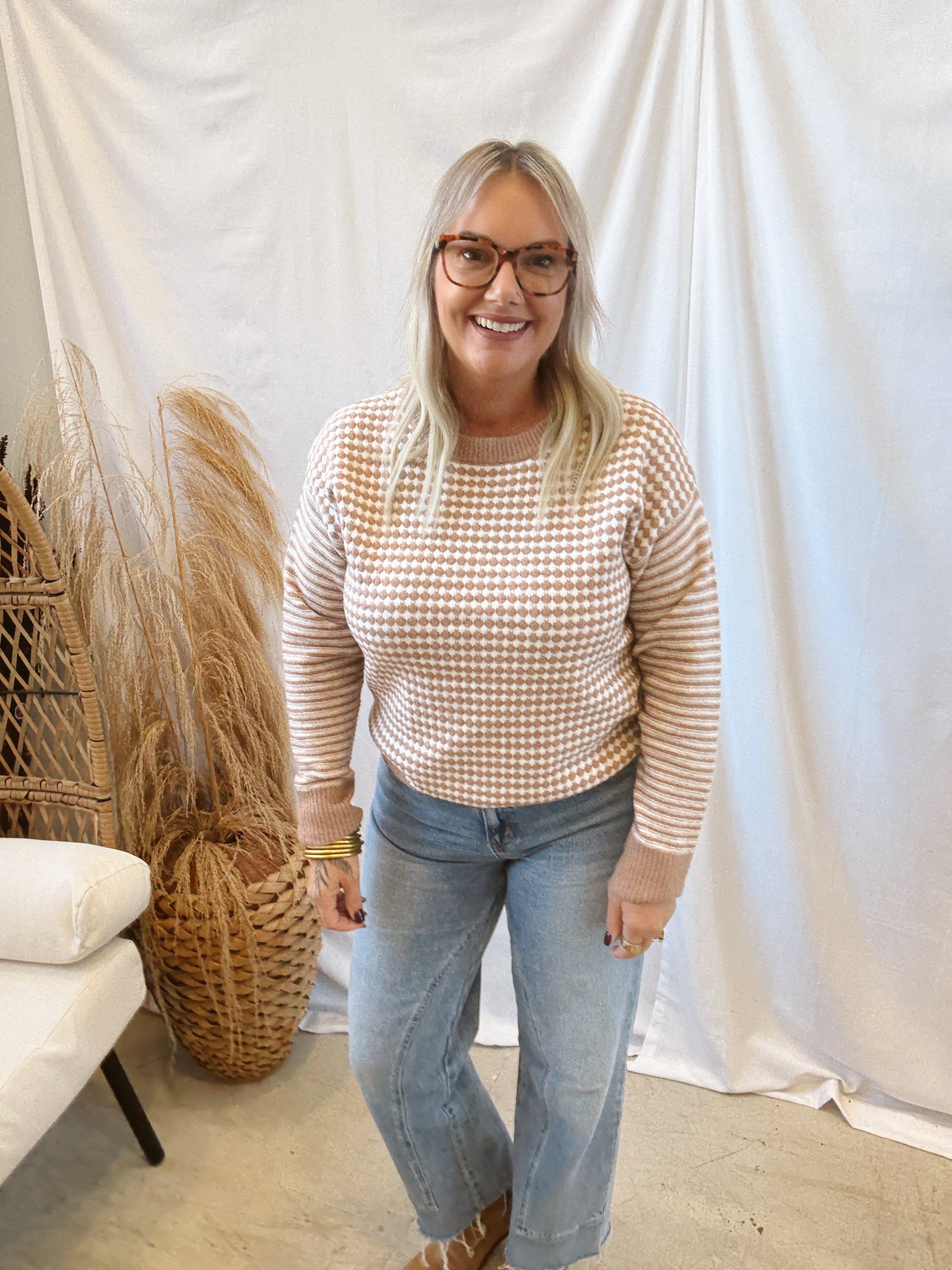 Taupe Checker Sweater-Sweaters-stacatto-The Silo Boutique, Women's Fashion Boutique Located in Warren and Grand Forks North Dakota