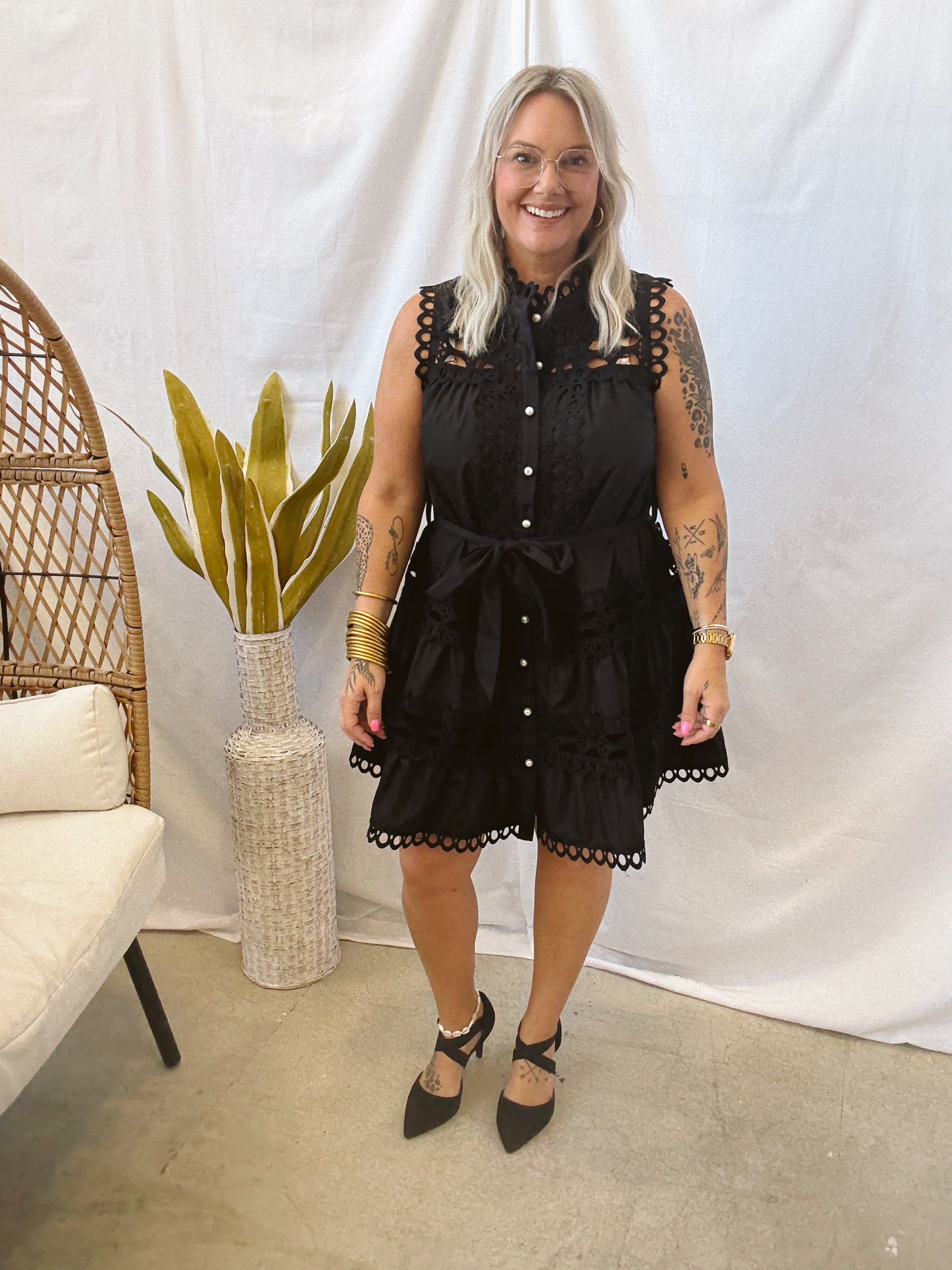 Black Lace and Pearls Dress-Final Sale-Dresses-ENTRO-The Silo Boutique, Women's Fashion Boutique Located in Warren and Grand Forks North Dakota