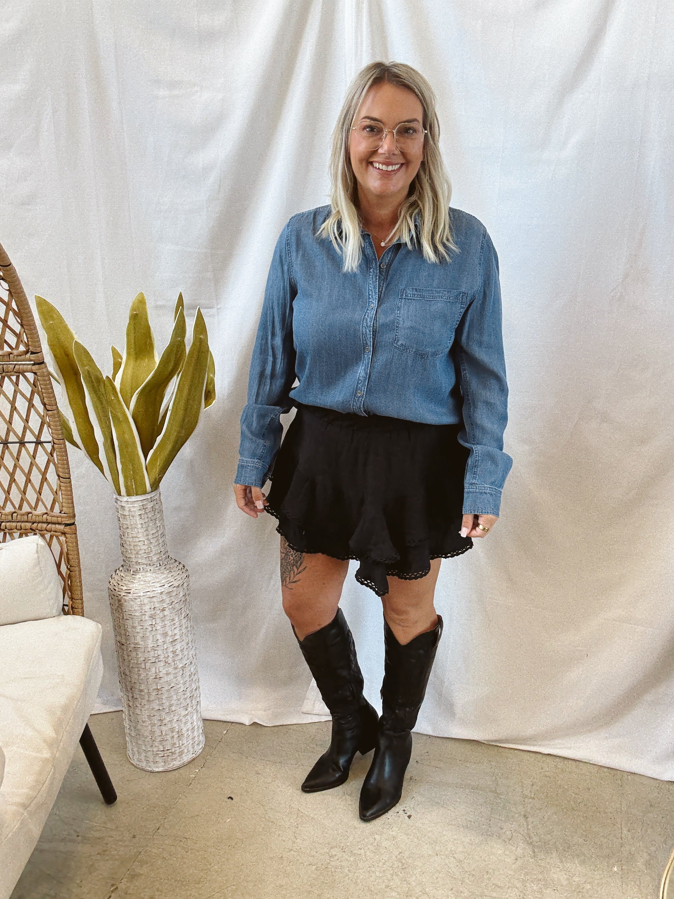 Med Wash Cool Denim Long Sleeve Top-Long Sleeve Tops-be cool-The Silo Boutique, Women's Fashion Boutique Located in Warren and Grand Forks North Dakota