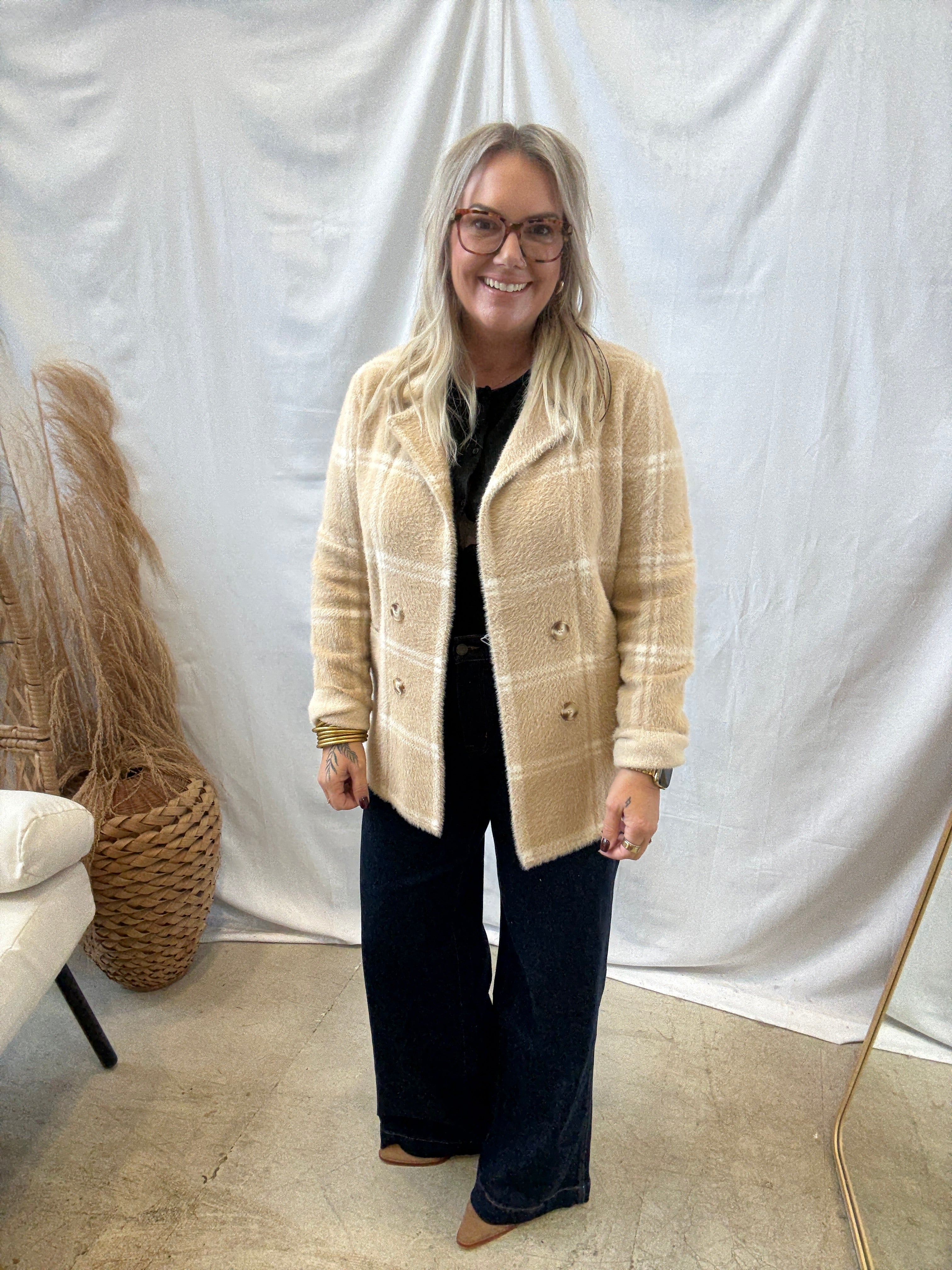 Ivory Plaid Fuzzy Coatigan-Cardigans-be cool-The Silo Boutique, Women's Fashion Boutique Located in Warren and Grand Forks North Dakota
