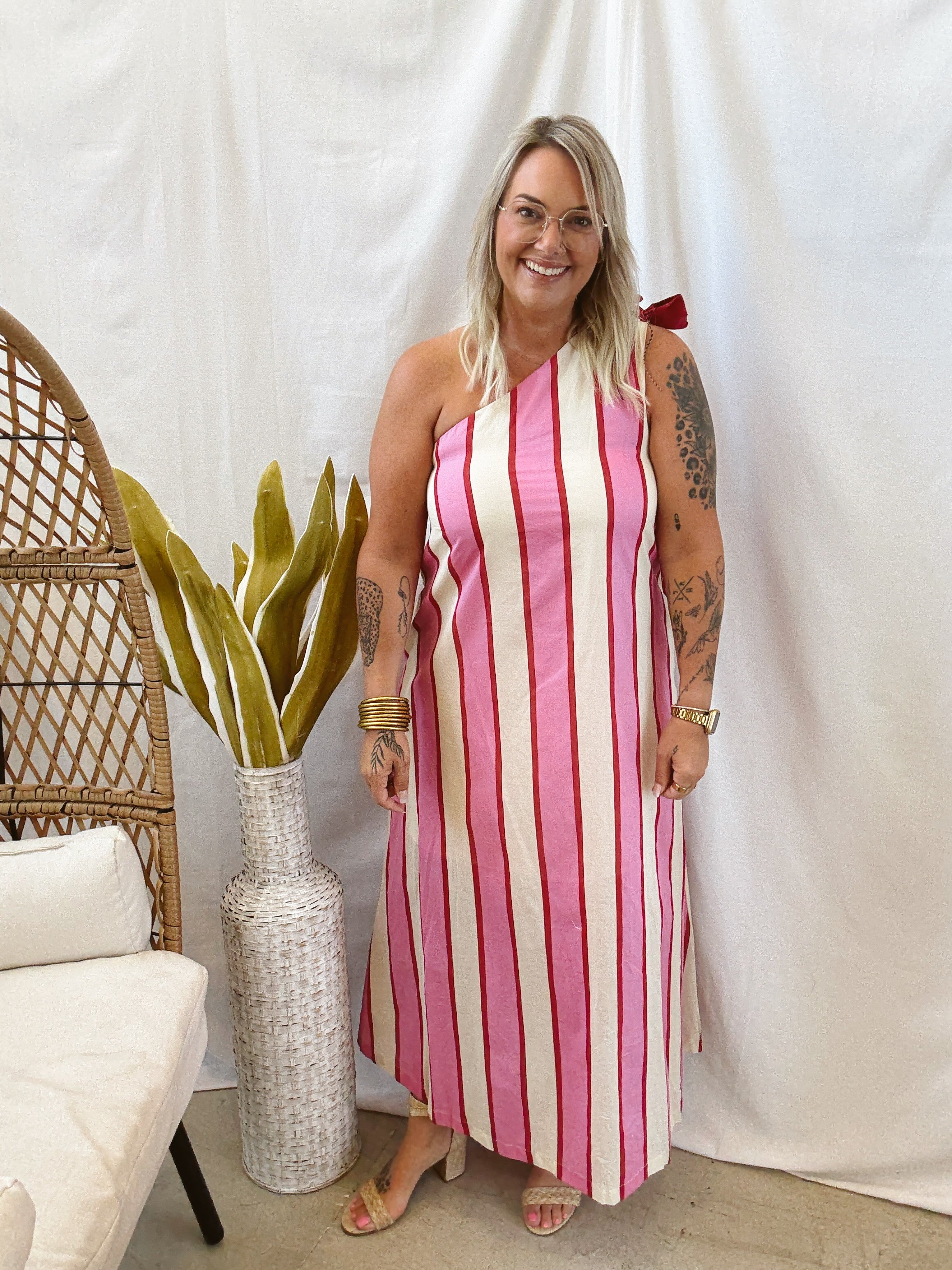 Pink and Cream Striped Dress-Final Sale-Dresses-ENTRO-The Silo Boutique, Women's Fashion Boutique Located in Warren and Grand Forks North Dakota