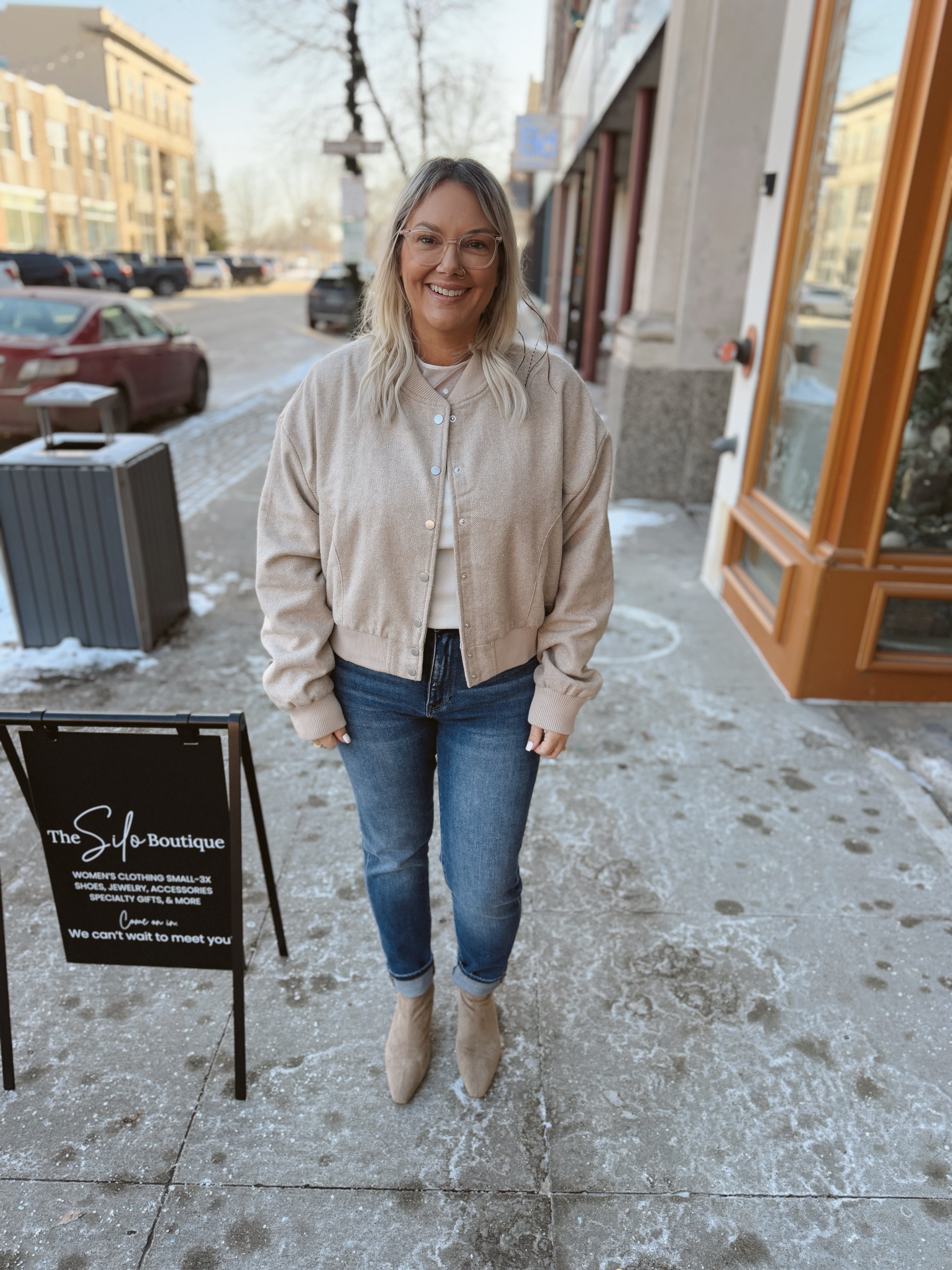 Heather Bomber Jacket-Coats & Jackets-blu pepper-The Silo Boutique, Women's Fashion Boutique Located in Warren and Grand Forks North Dakota