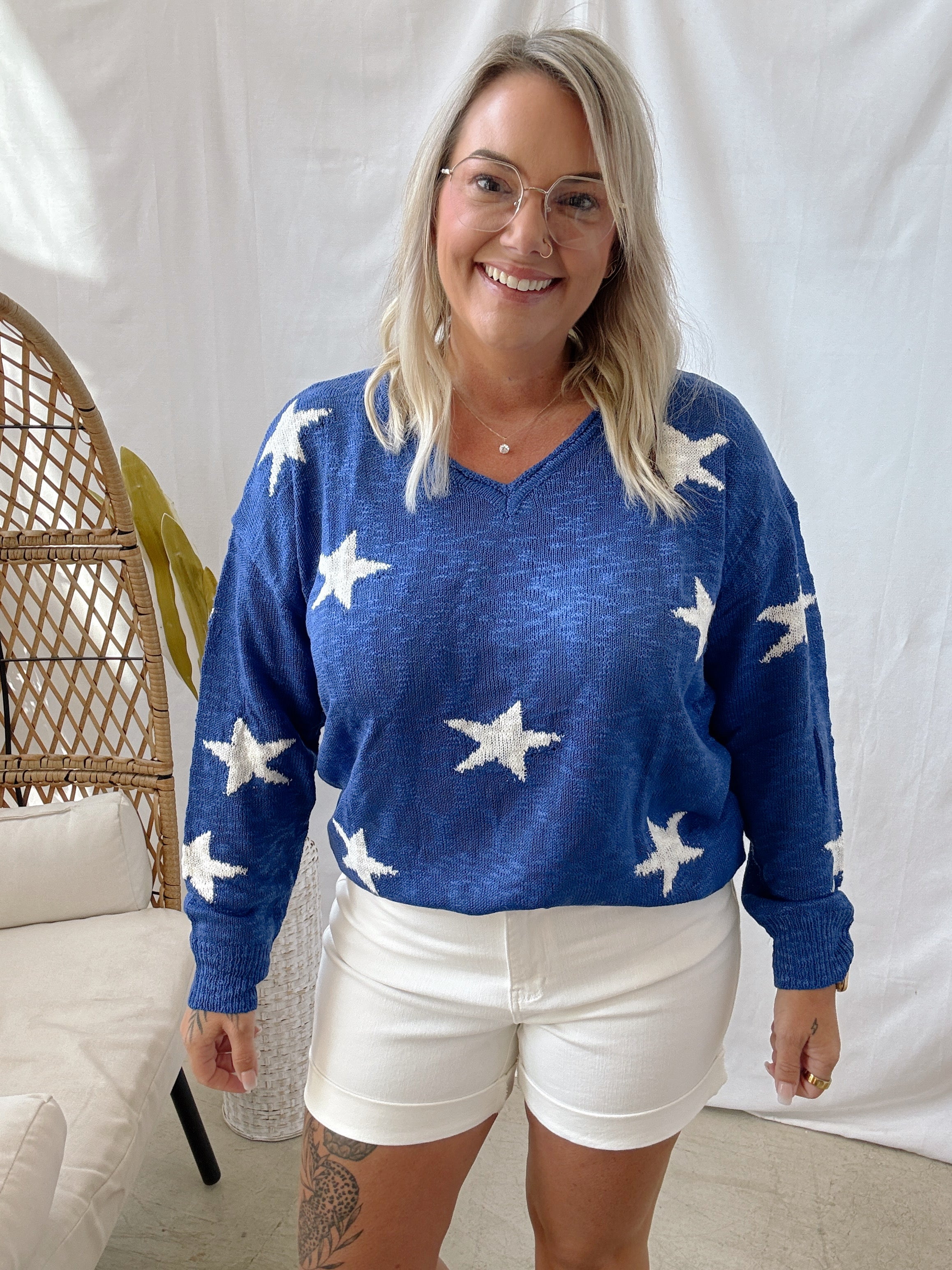 Royal and White Star Sweater-Sweaters-timing-The Silo Boutique, Women's Fashion Boutique Located in Warren and Grand Forks North Dakota