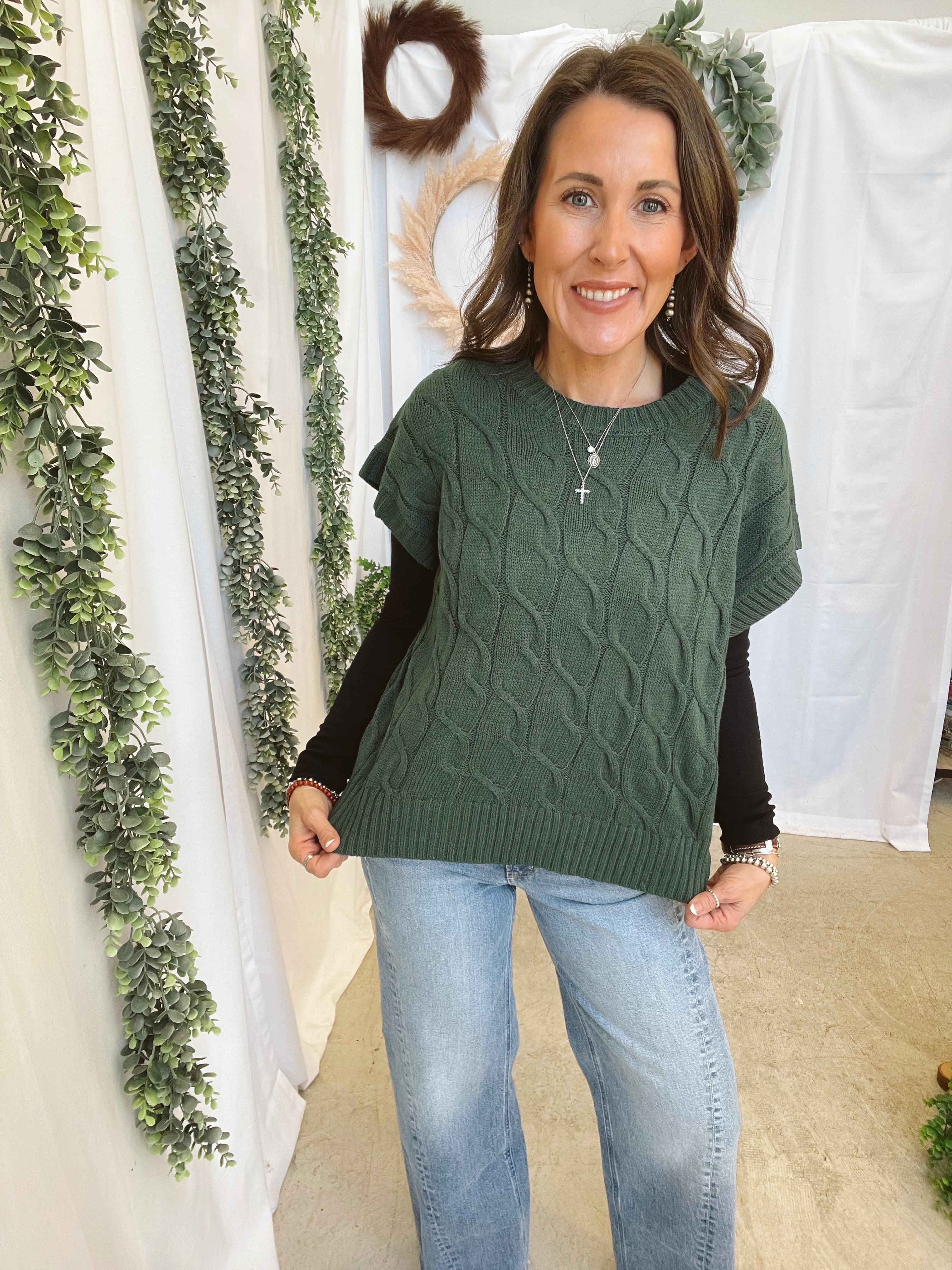 Kori Cable Short Sleeve Sweater-Dark Green-Sweaters-hyfve-The Silo Boutique, Women's Fashion Boutique Located in Warren and Grand Forks North Dakota