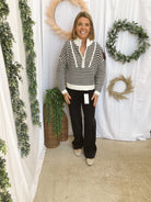 Elan Quarter Zip Stripe Sweater-Black-Sweaters-elan-The Silo Boutique, Women's Fashion Boutique Located in Warren and Grand Forks North Dakota